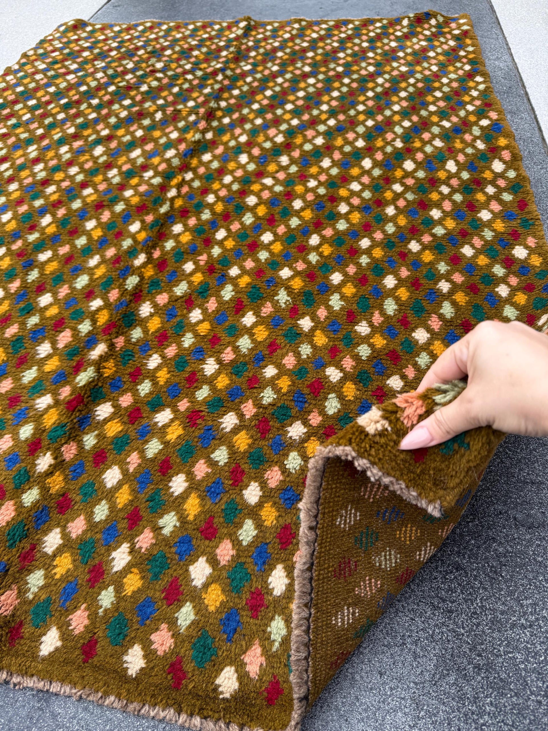 4x6 Handmade Vintage Afghan Baluch Rug | Chocolate Brown Navy Blue White Forest Mint Green Brick Red Salmon Pink Peach Mustard Yellow Gold
