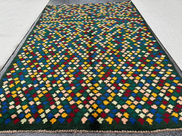 4x6 Handmade Vintage Afghan Baluch Rug | Pine Forest Mint Green Cream White Mustard Yellow Gold Navy Blue Salmon Pink Peach Brick Red | Wool