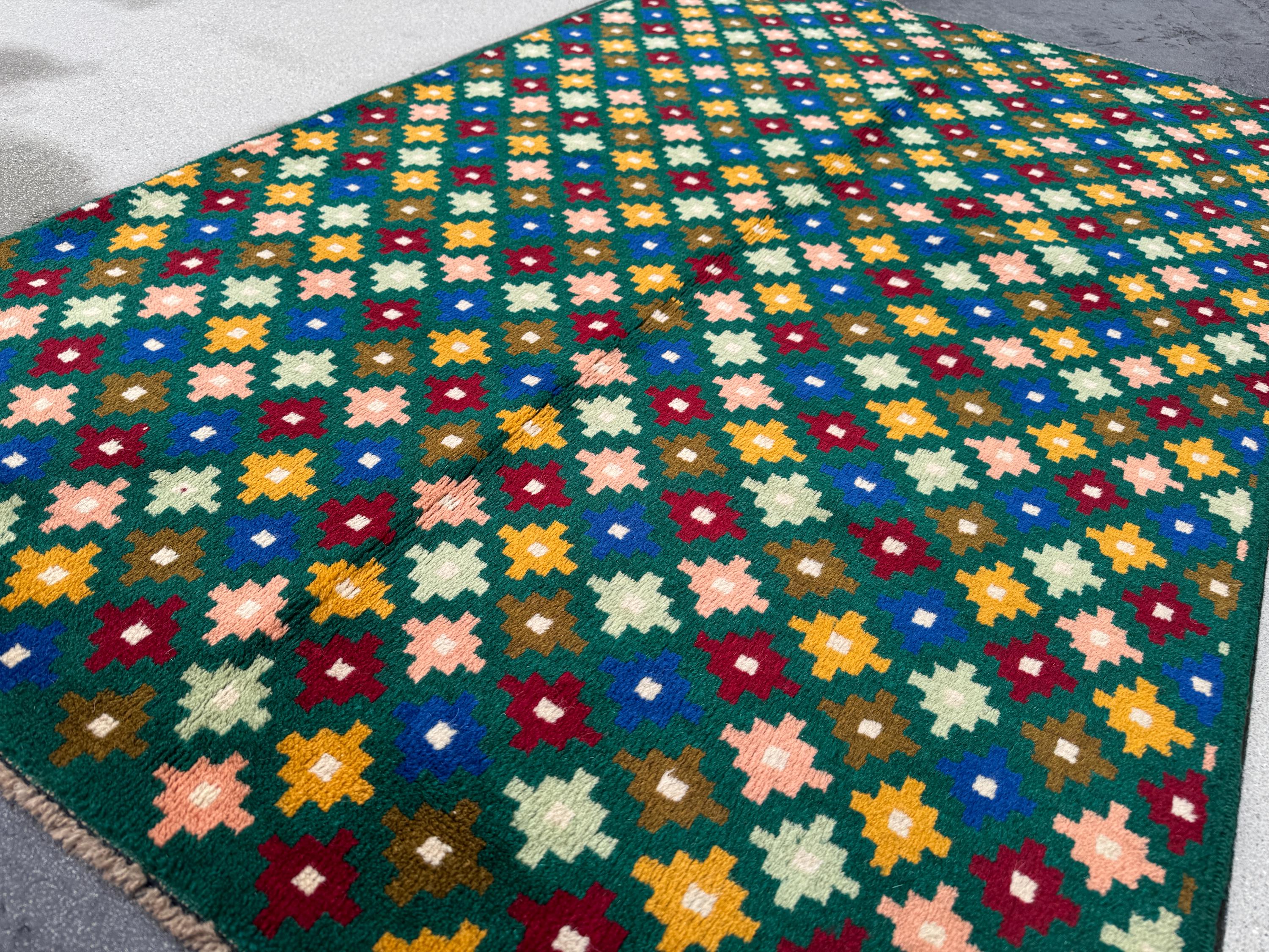 4x6 Handmade Vintage Afghan Baluch Rug | Forest Olive Mint Green Salmon Pink Peach Brick Red Navy Blue White Cream Mustard Yellow Gold