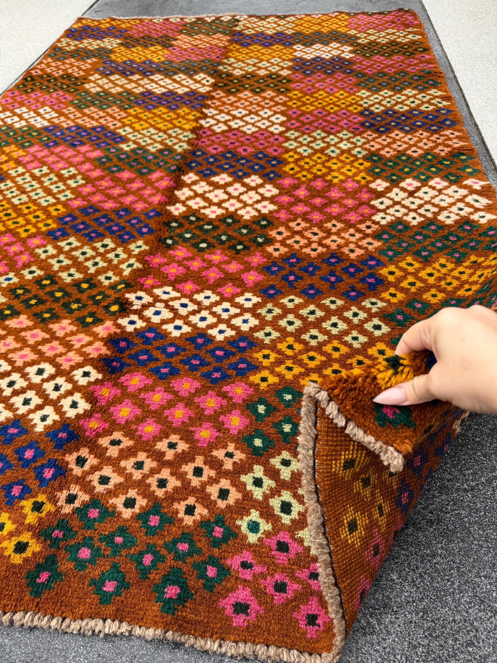 4x6 Handmade Vintage Afghan Baluch Rug | Chocolate Brown Cream White Rose Salmon Pink Peach Forest Mint Pine Green Mustard Gold Navy Blue