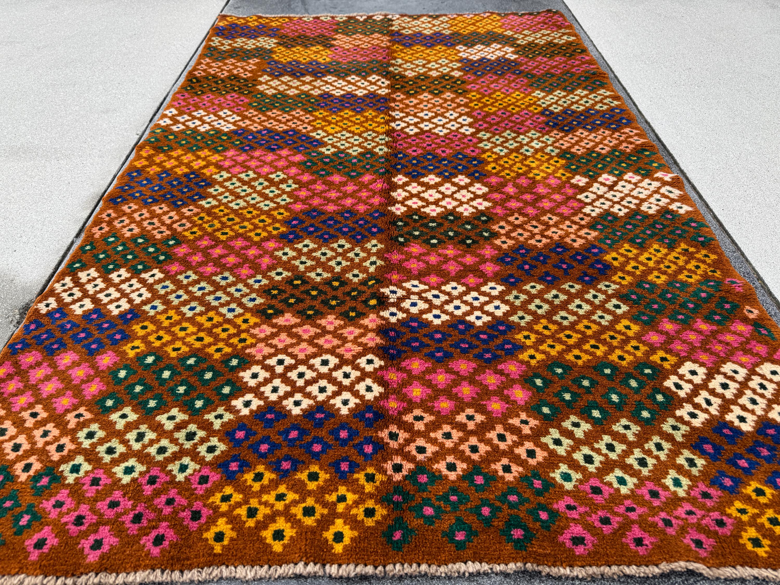 4x6 Handmade Vintage Afghan Baluch Rug | Chocolate Brown Cream White Rose Salmon Pink Peach Forest Mint Pine Green Mustard Gold Navy Blue