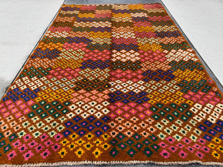 4x6 Handmade Vintage Afghan Baluch Rug | Chocolate Brown Cream White Rose Salmon Pink Peach Forest Mint Pine Green Mustard Gold Navy Blue
