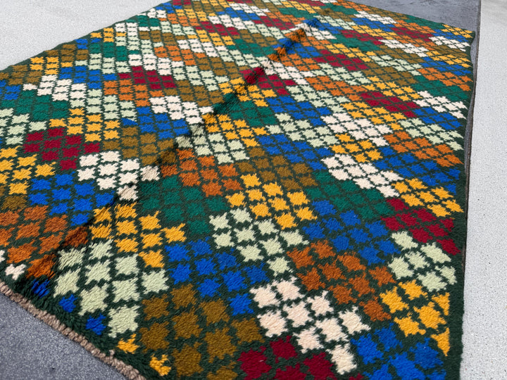 4x6 Handmade Vintage Afghan Baluch Rug | Pine Forest Olive Mint Green Burnt Orange Cream White Brick Red Navy Blue <ustard Yellow Gold