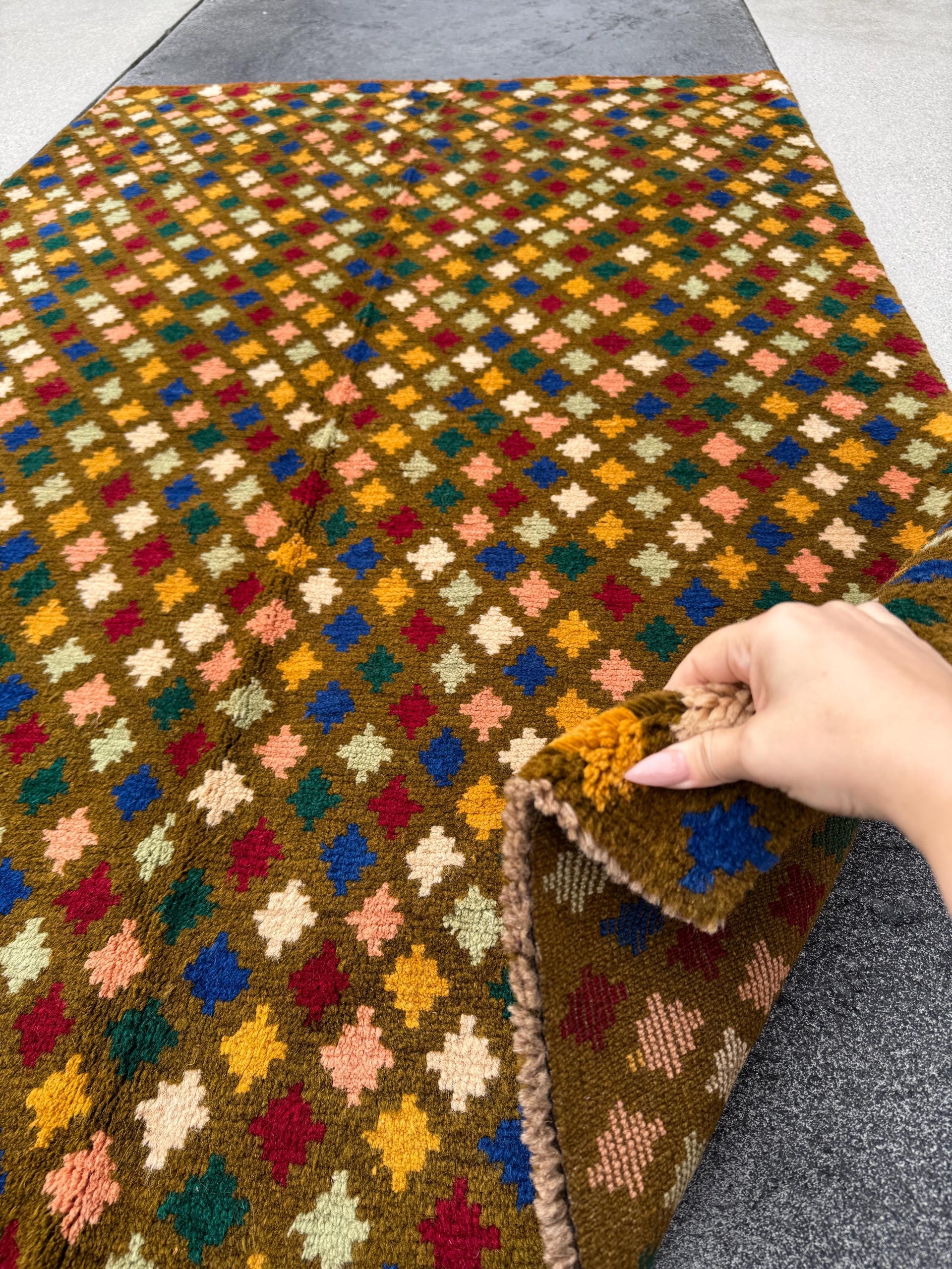 4x6 Handmade Vintage Afghan Baluch Rug | Chocolate Brown Forest Mint Green Brick Red Mustard Gold Navy Blue Cream White Salmon Pink Peach
