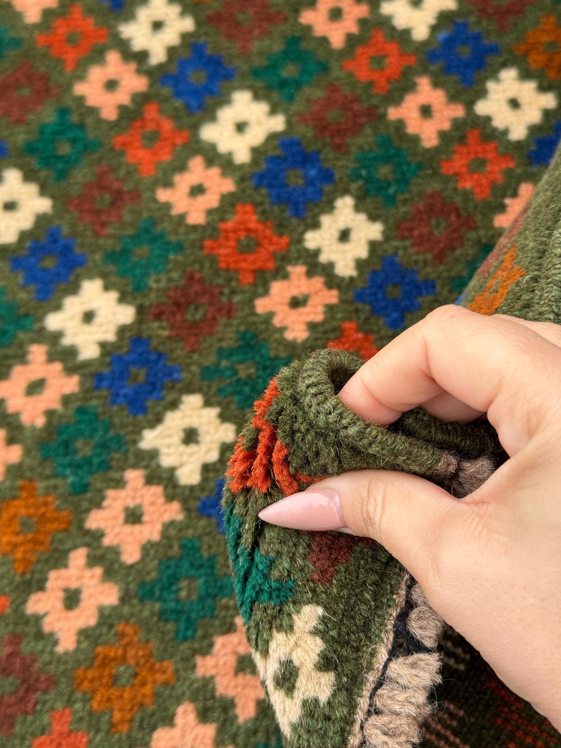 4x6 Handmade Vintage Afghan Baluch Rug | Moss Forest Green Cream White Salmon Pink Peach Chocolate Copper Brown Navy Blue Burnt Orange