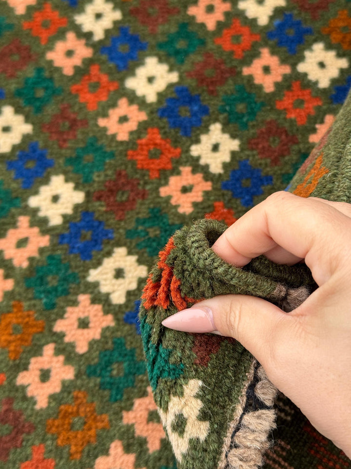 4x6 Handmade Vintage Afghan Baluch Rug | Moss Forest Green Cream White Salmon Pink Peach Chocolate Copper Brown Navy Blue Burnt Orange