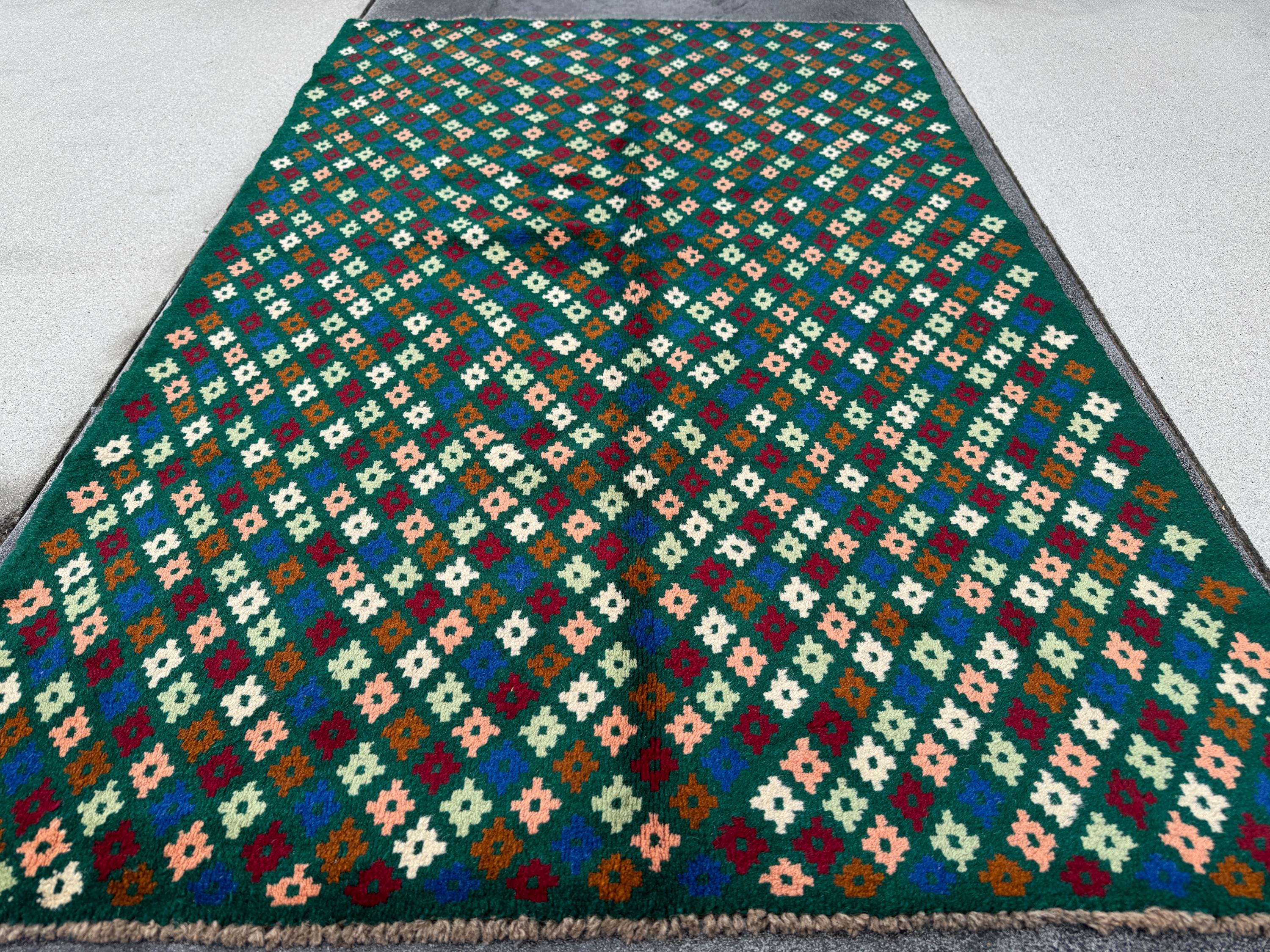 4x6 Handmade Vintage Afghan Baluch Rug | Forest Mint Green Cream White Navy Blue Chocolate Brown Brick Red Salmon Pink Peach | Flatwoven