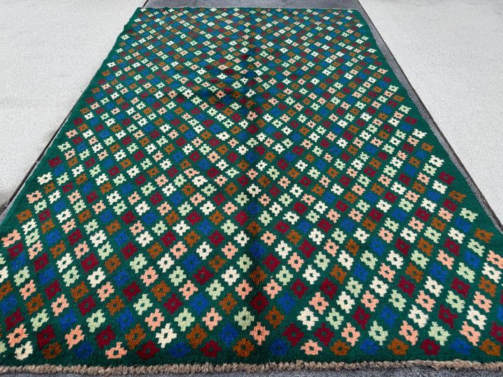 4x6 Handmade Vintage Afghan Baluch Rug | Forest Mint Green Cream White Navy Blue Chocolate Brown Brick Red Salmon Pink Peach | Flatwoven