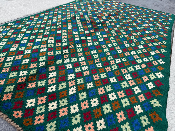 4x6 Handmade Vintage Afghan Baluch Rug | Forest Mint Green Cream White Navy Blue Chocolate Brown Brick Red Salmon Pink Peach | Flatwoven