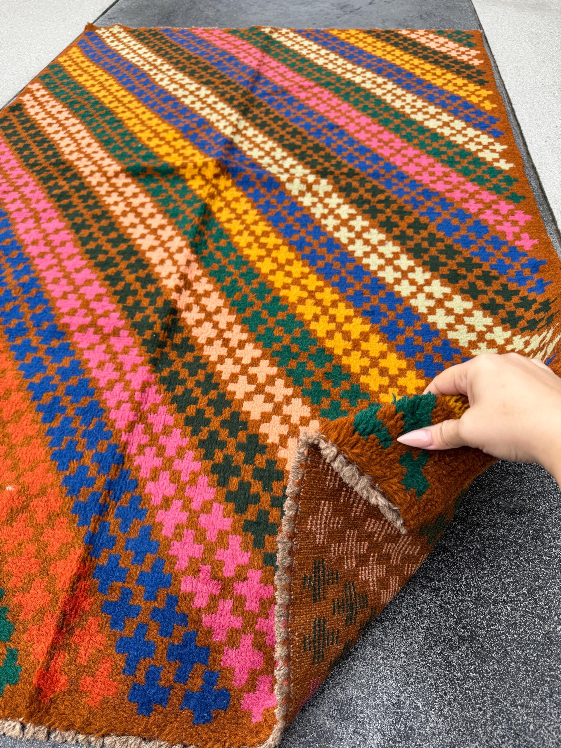 4x6 Handmade Vintage Afghan Baluch Rug | Chocolate Brown Navy Blue Forest Mint Green Rose Salmon Pink Peach Burnt Orange Mustard Gold | Wool