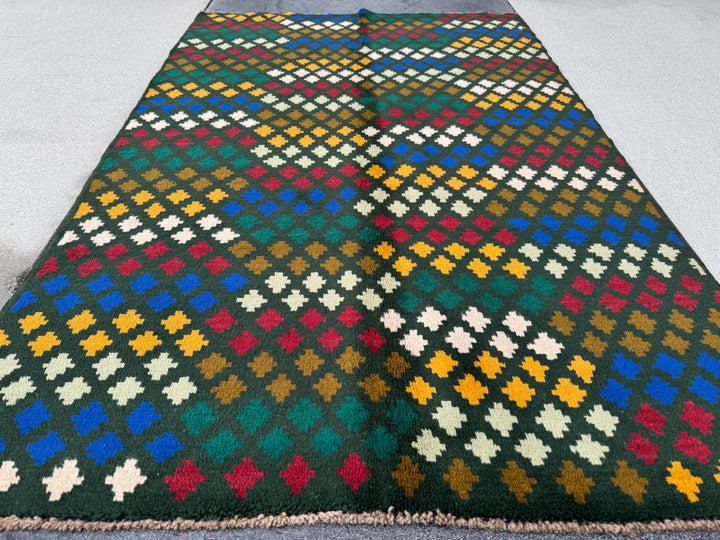 4x6 Handmade Vintage Afghan Baluch Rug | Pine Forest Mint Olive Green Cream White Mustard Yellow Gold Navy Blue Brick Red | Wool Flatwoven