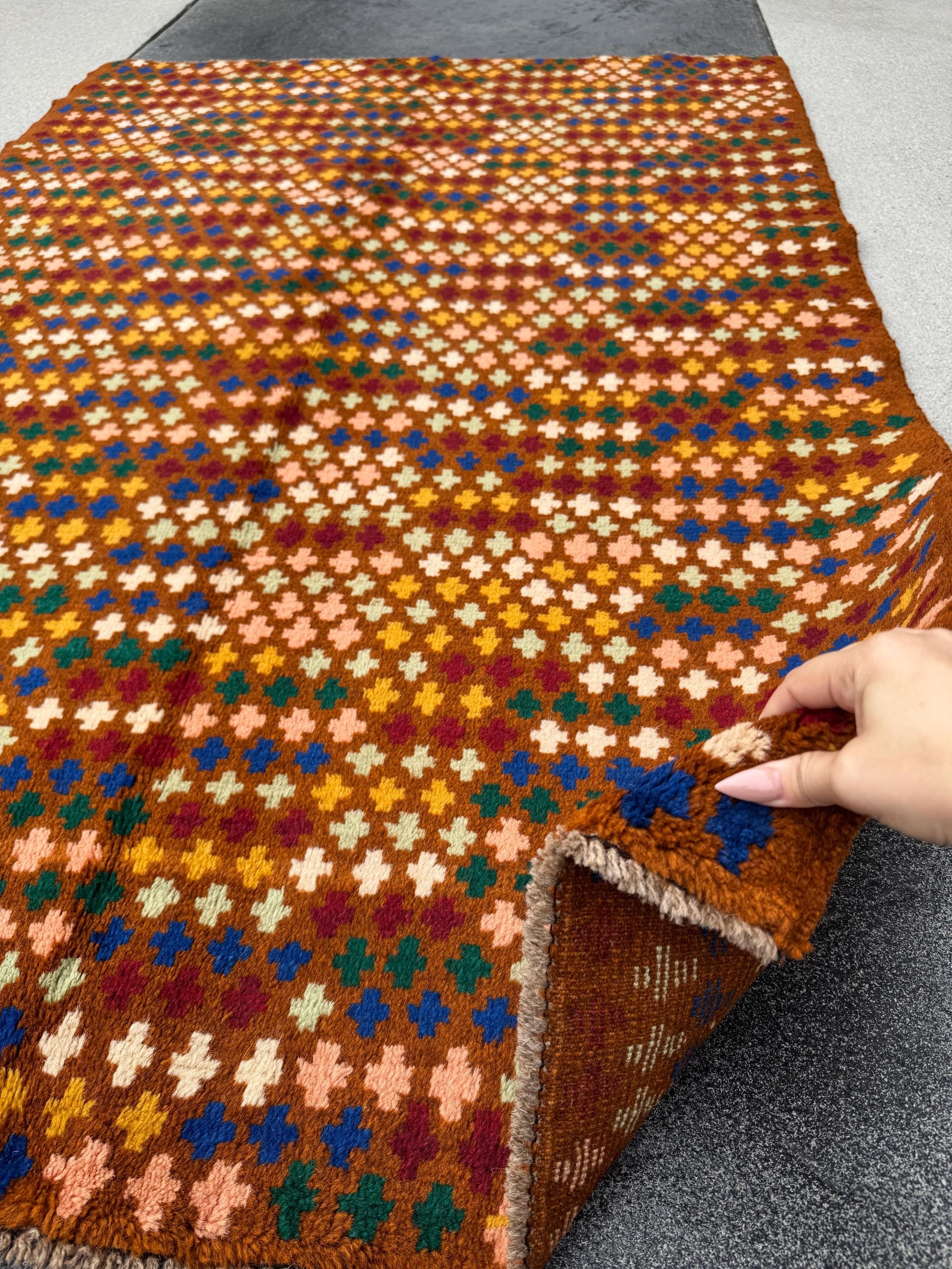 4x6 Handmade Vintage Afghan Baluch Rug | Chocolate Brown Brick Red Navy Blue Salmon Pink Peach Forest Mint Green Cream White Mustard Gold