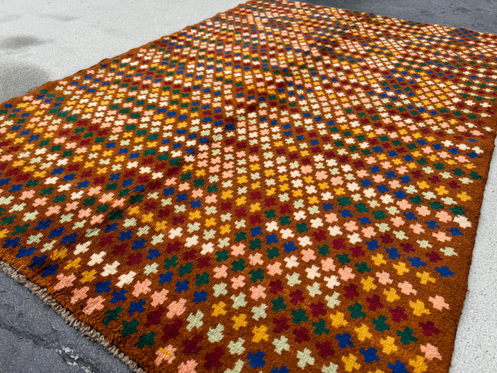 4x6 Handmade Vintage Afghan Baluch Rug | Chocolate Brown Brick Red Navy Blue Salmon Pink Peach Forest Mint Green Cream White Mustard Gold