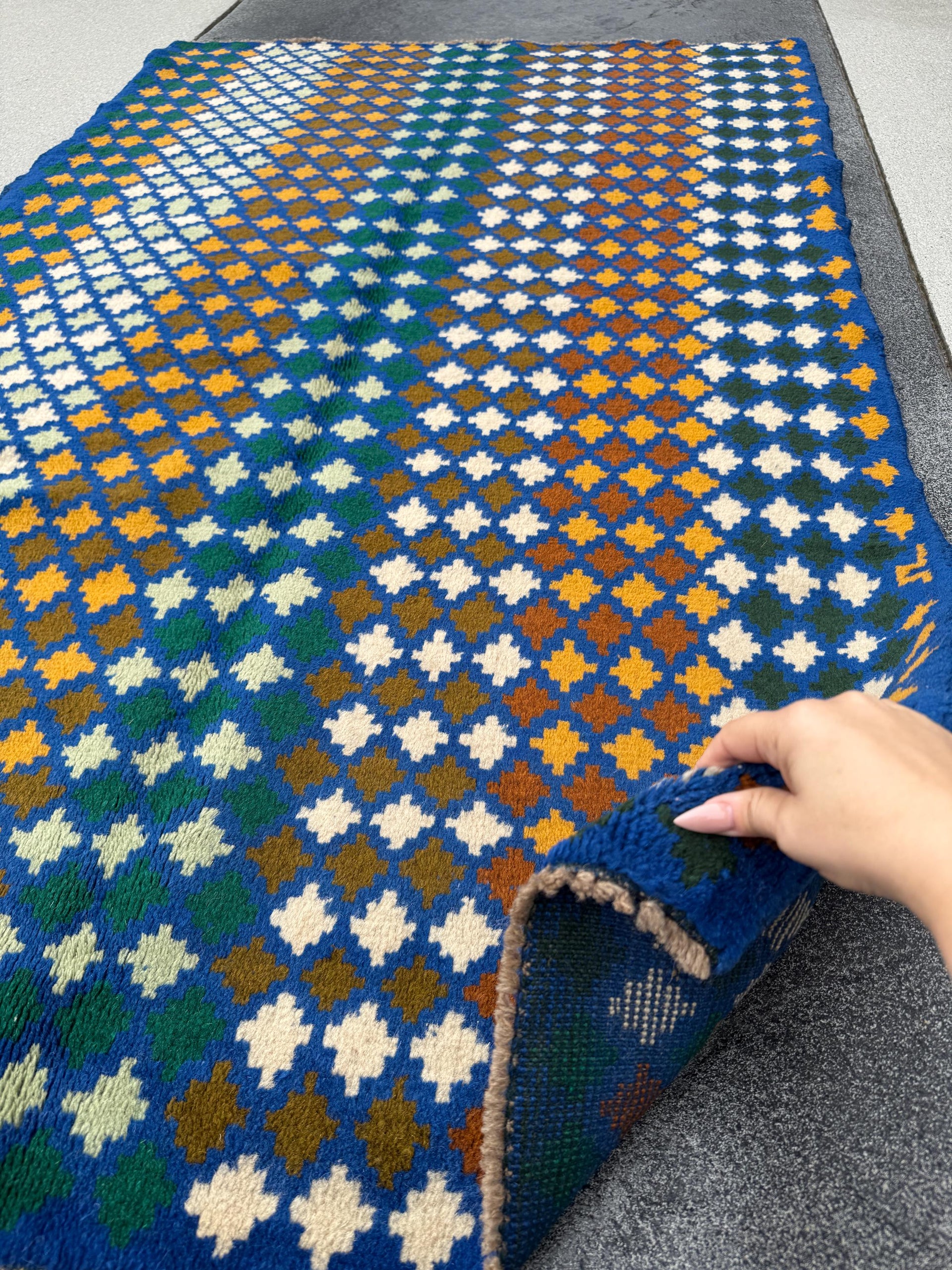4x6 Handmade Vintage Afghan Baluch Rug | Navy Blue Forest Pine Mint Olive Green Cream White Mustard Yellow Gold | Wool Flatwoven