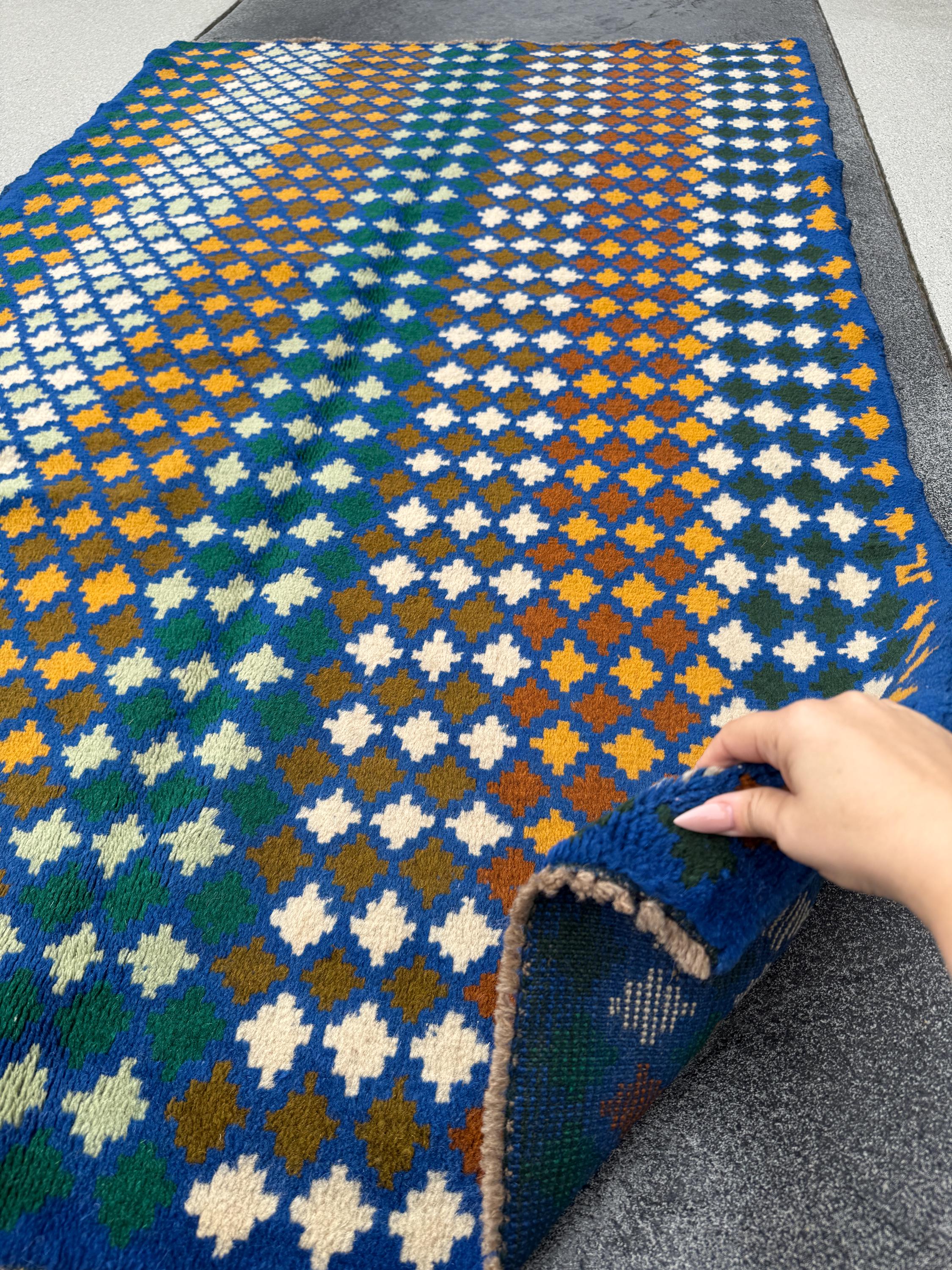 4x6 Handmade Vintage Afghan Baluch Rug | Navy Blue Forest Pine Mint Olive Green Cream White Mustard Yellow Gold | Wool Flatwoven