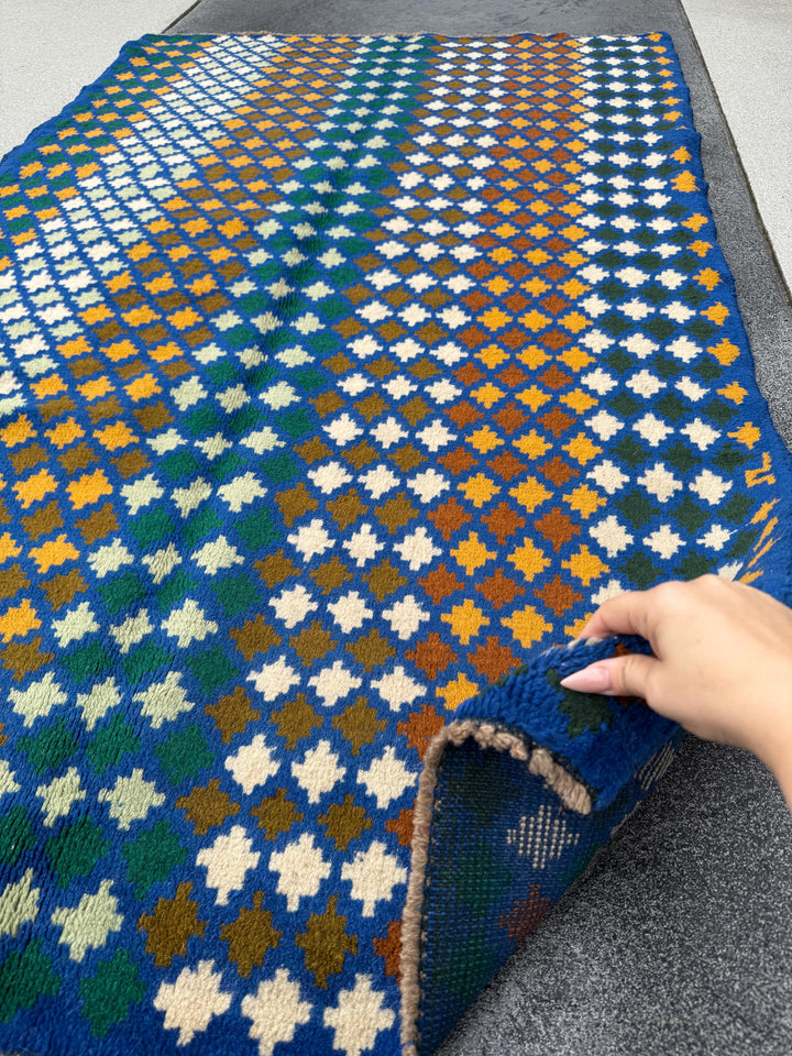 4x6 Handmade Vintage Afghan Baluch Rug | Navy Blue Forest Pine Mint Olive Green Cream White Mustard Yellow Gold | Wool Flatwoven