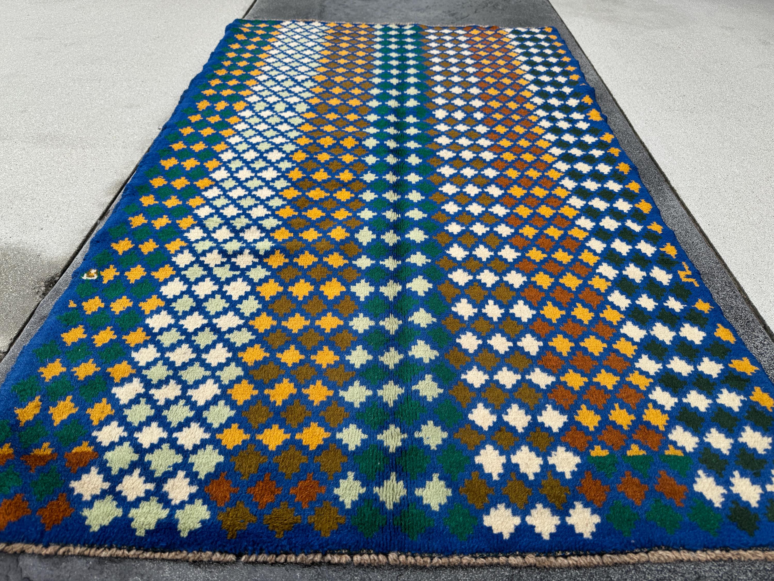 4x6 Handmade Vintage Afghan Baluch Rug | Navy Blue Forest Pine Mint Olive Green Cream White Mustard Yellow Gold | Wool Flatwoven