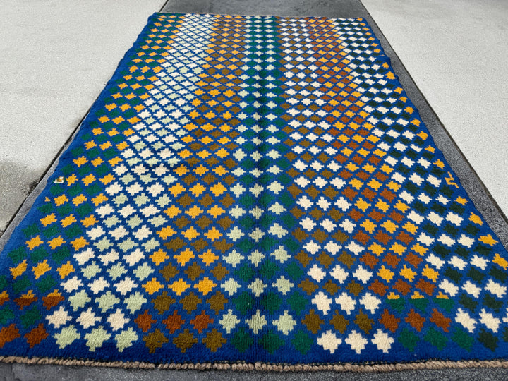4x6 Handmade Vintage Afghan Baluch Rug | Navy Blue Forest Pine Mint Olive Green Cream White Mustard Yellow Gold | Wool Flatwoven