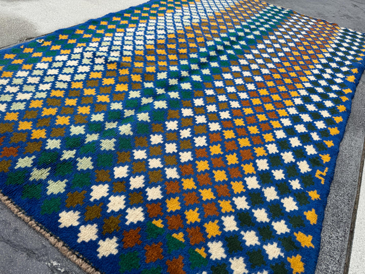 4x6 Handmade Vintage Afghan Baluch Rug | Navy Blue Forest Pine Mint Olive Green Cream White Mustard Yellow Gold | Wool Flatwoven