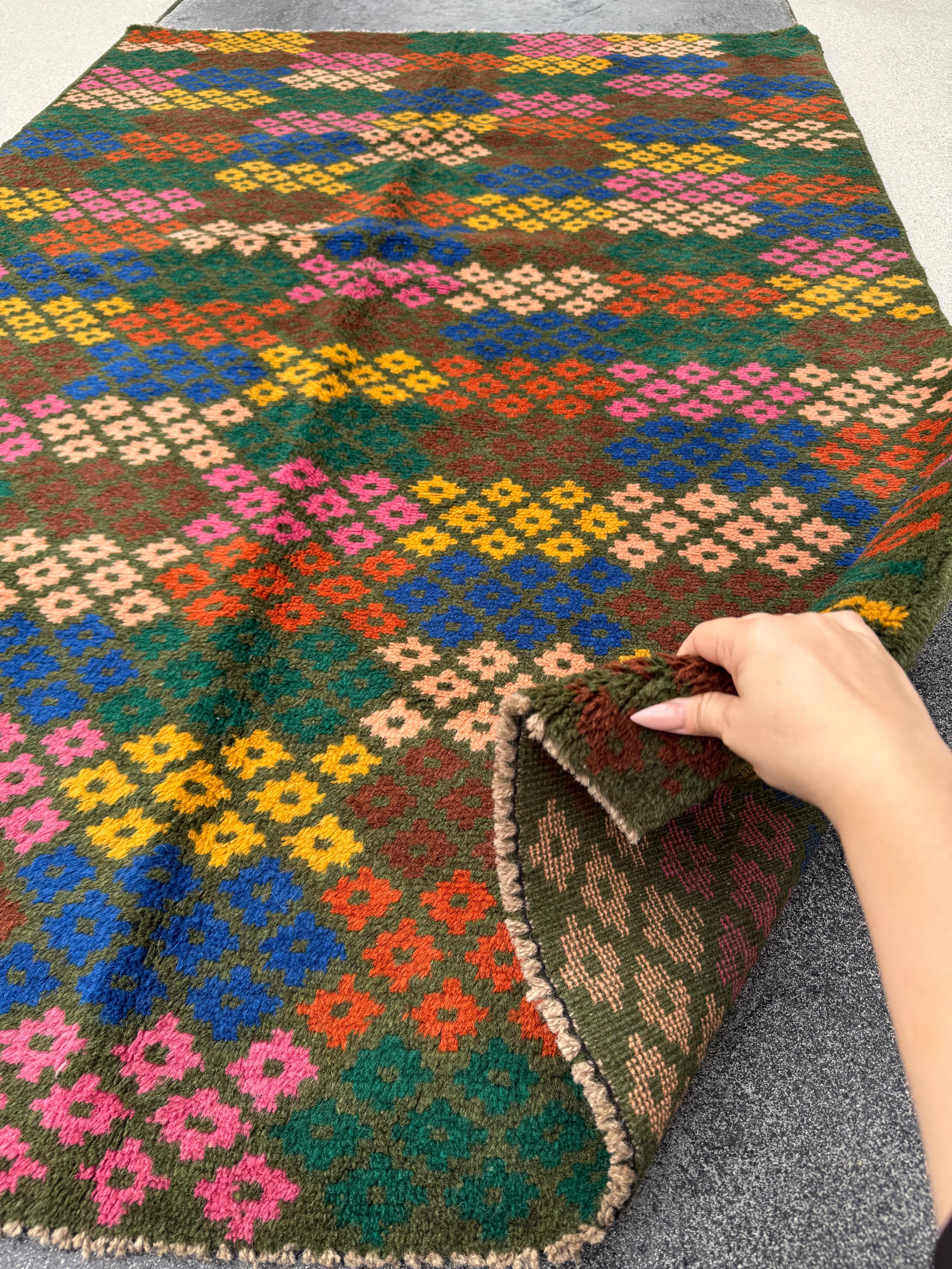 4x6 Handmade Vintage Afghan Baluch Rug | Charcoal Grey Rose Salmon Pink Peach Mustard Yellow Gold Navy Blue Forest Burnt Orange Chocolate