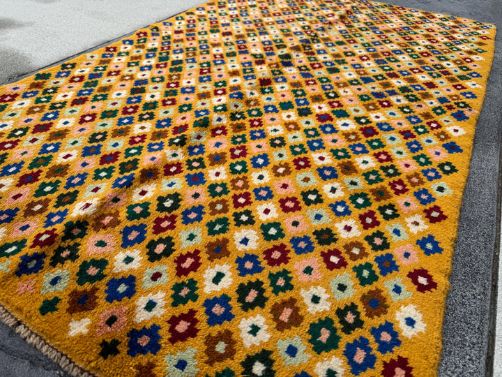 4x6 Handmade Vintage Afghan Baluch Rug | Mustard Gold Forest Mint Green Cream White Navy Blue Chocolate Salmon Pink Peach Black Brick Red