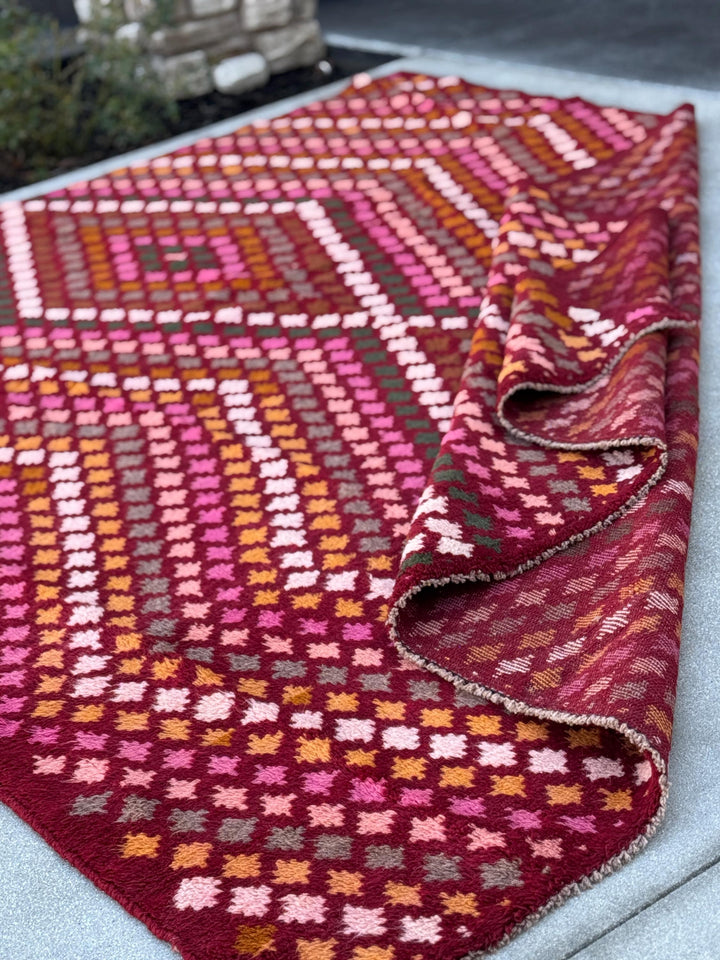 7x10 (215x305) Handmade Vintage Afghan Baluch Rug | Burgundy Red Pink Magenta Rust Orange Mustard Yellow Forest Green Olive Brown Cream