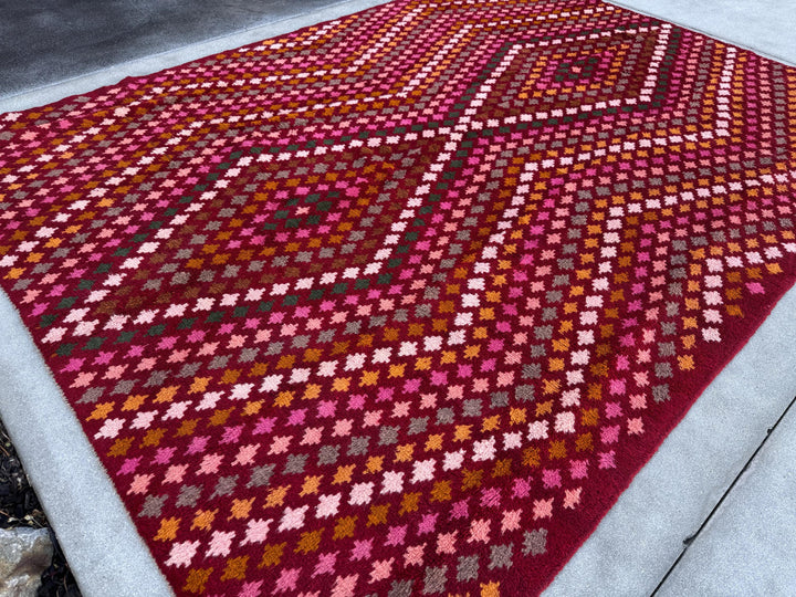 7x10 (215x305) Handmade Vintage Afghan Baluch Rug | Burgundy Red Pink Magenta Rust Orange Mustard Yellow Forest Green Olive Brown Cream