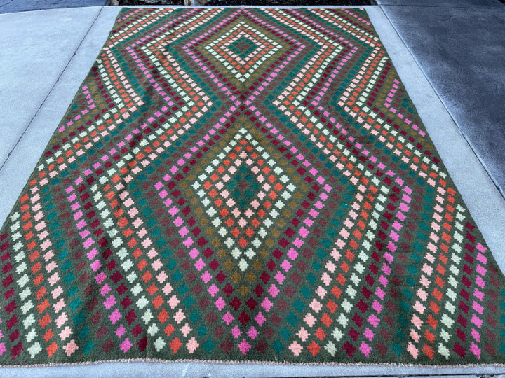 7x10 (215x305) Handmade Vintage Afghan Baluch Rug | Olive Green Burgundy Pink Coral Burnt Orange Cream White Mustard Yellow Teal Aqua Blue