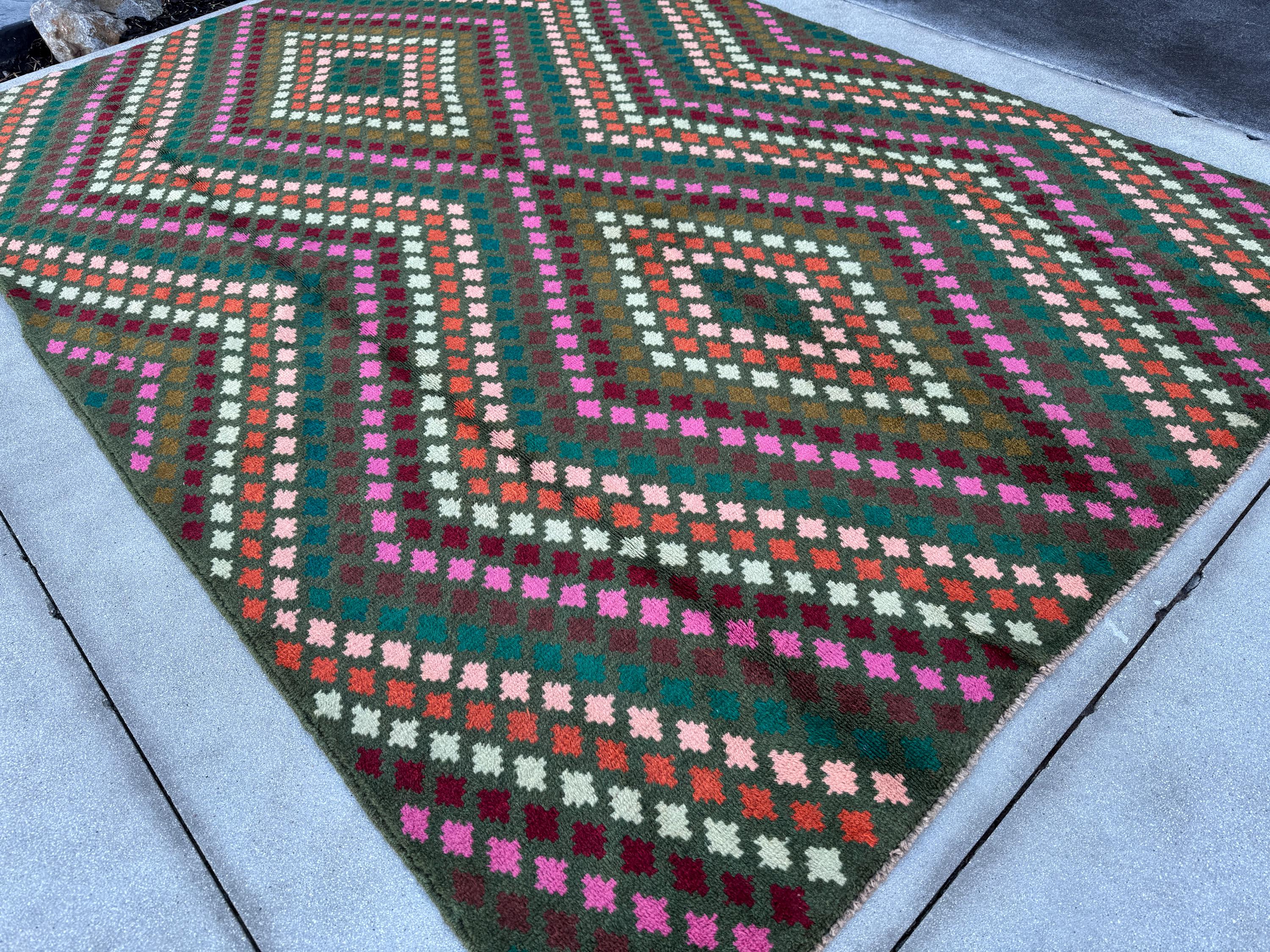7x10 (215x305) Handmade Vintage Afghan Baluch Rug | Olive Green Burgundy Pink Coral Burnt Orange Cream White Mustard Yellow Teal Aqua Blue