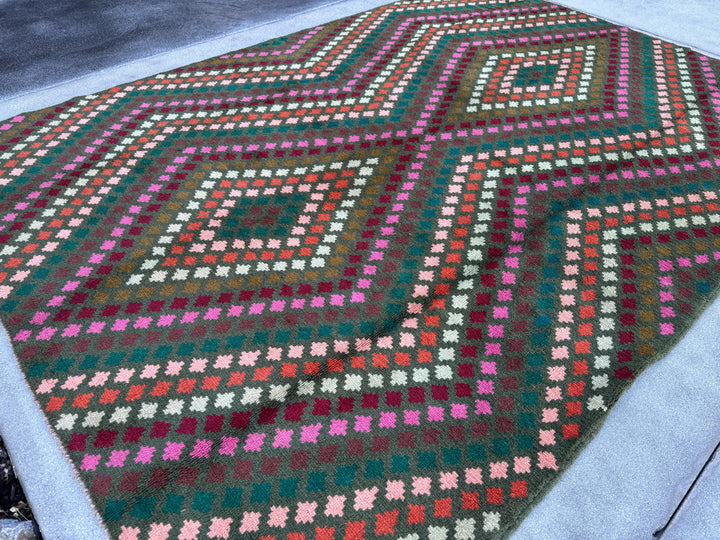 7x10 (215x305) Handmade Vintage Afghan Baluch Rug | Olive Green Burgundy Pink Coral Burnt Orange Cream White Mustard Yellow Teal Aqua Blue