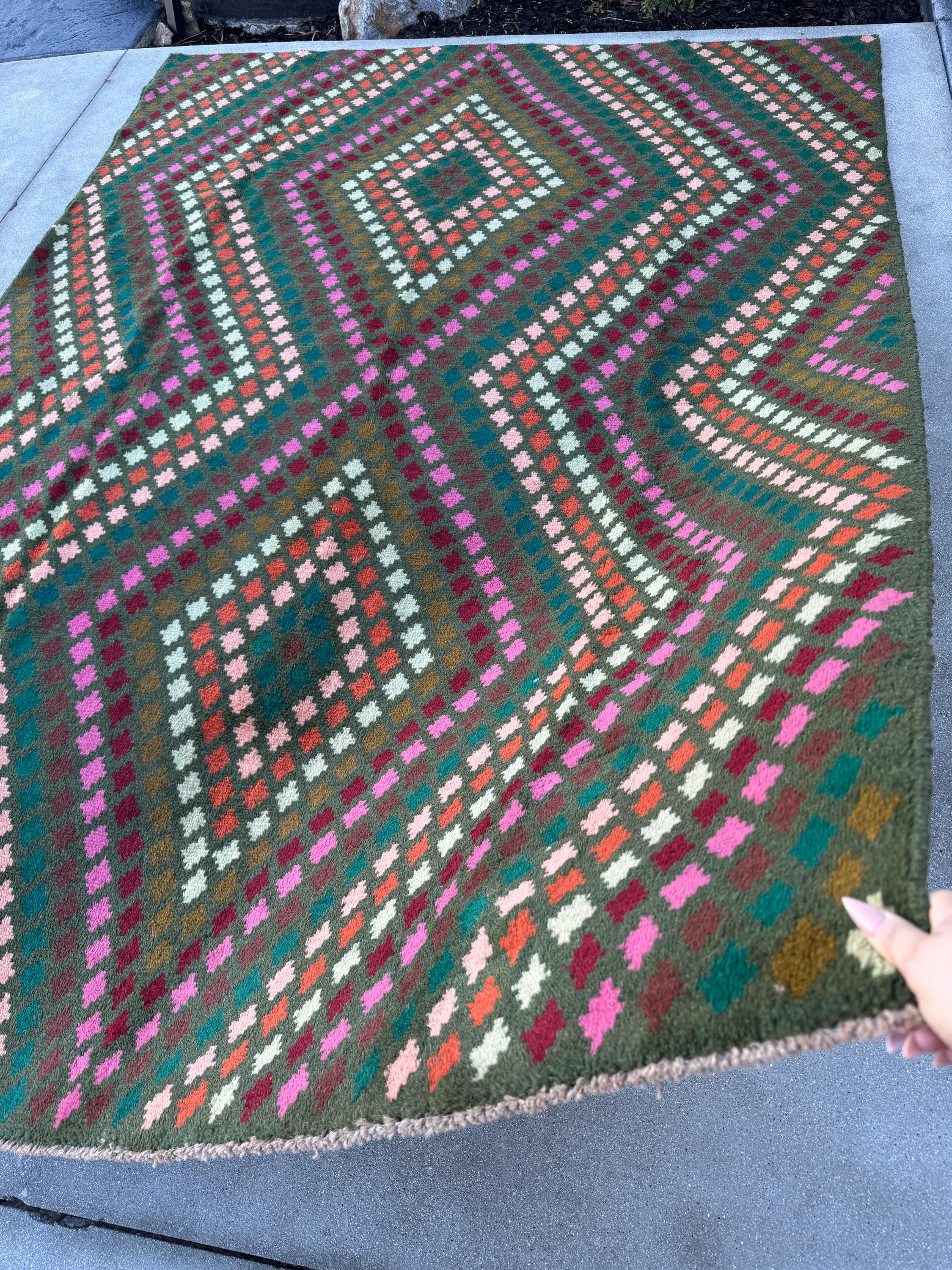 7x10 (215x305) Handmade Vintage Afghan Baluch Rug | Olive Green Burgundy Pink Coral Burnt Orange Cream White Mustard Yellow Teal Aqua Blue