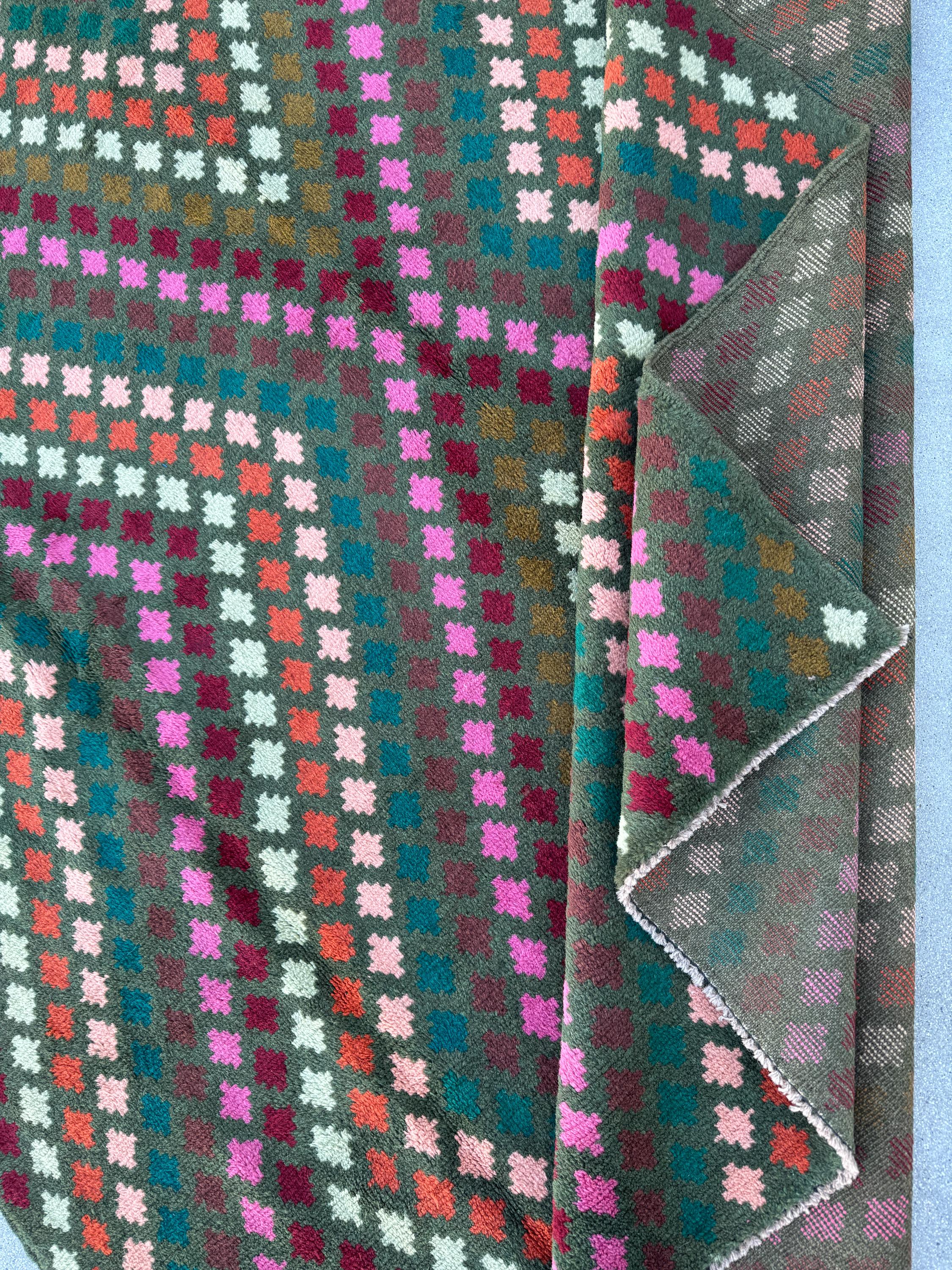 7x10 (215x305) Handmade Vintage Afghan Baluch Rug | Olive Green Burgundy Pink Coral Burnt Orange Cream White Mustard Yellow Teal Aqua Blue