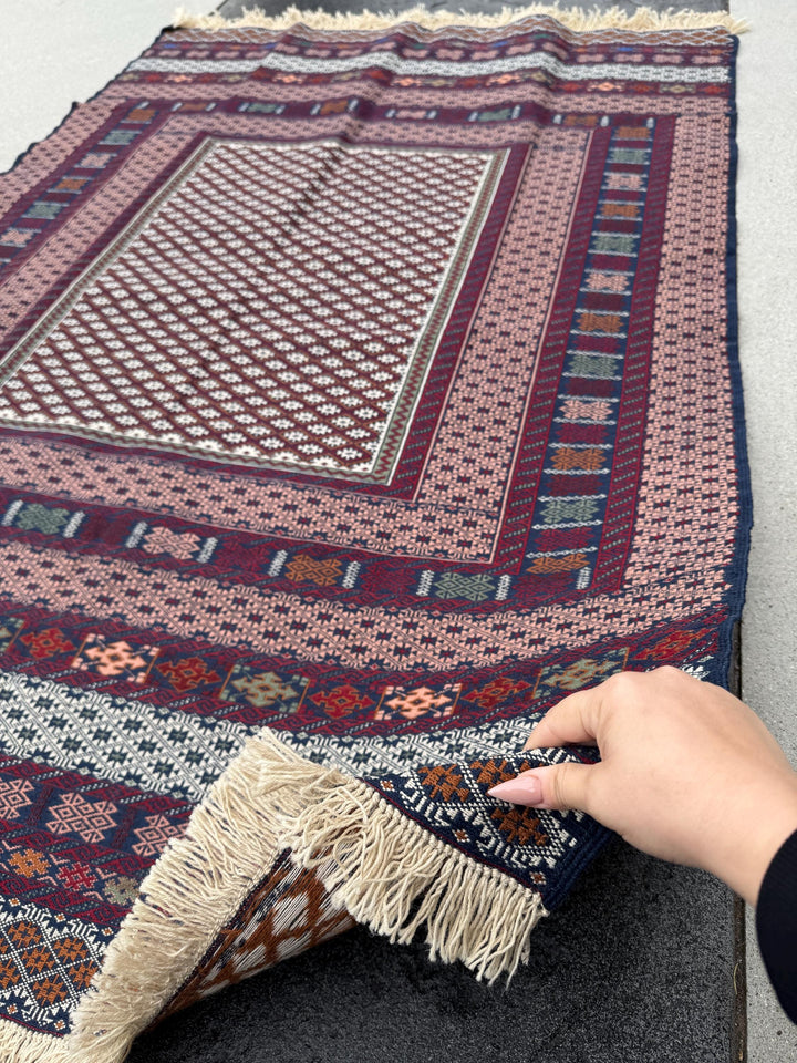 4x7 (120x215) Handmade Vintage Afghan Baluch Rug | Burgundy Red Navy Blue Cream White Pink Coral Rust Orange Olive Green Teal Grey