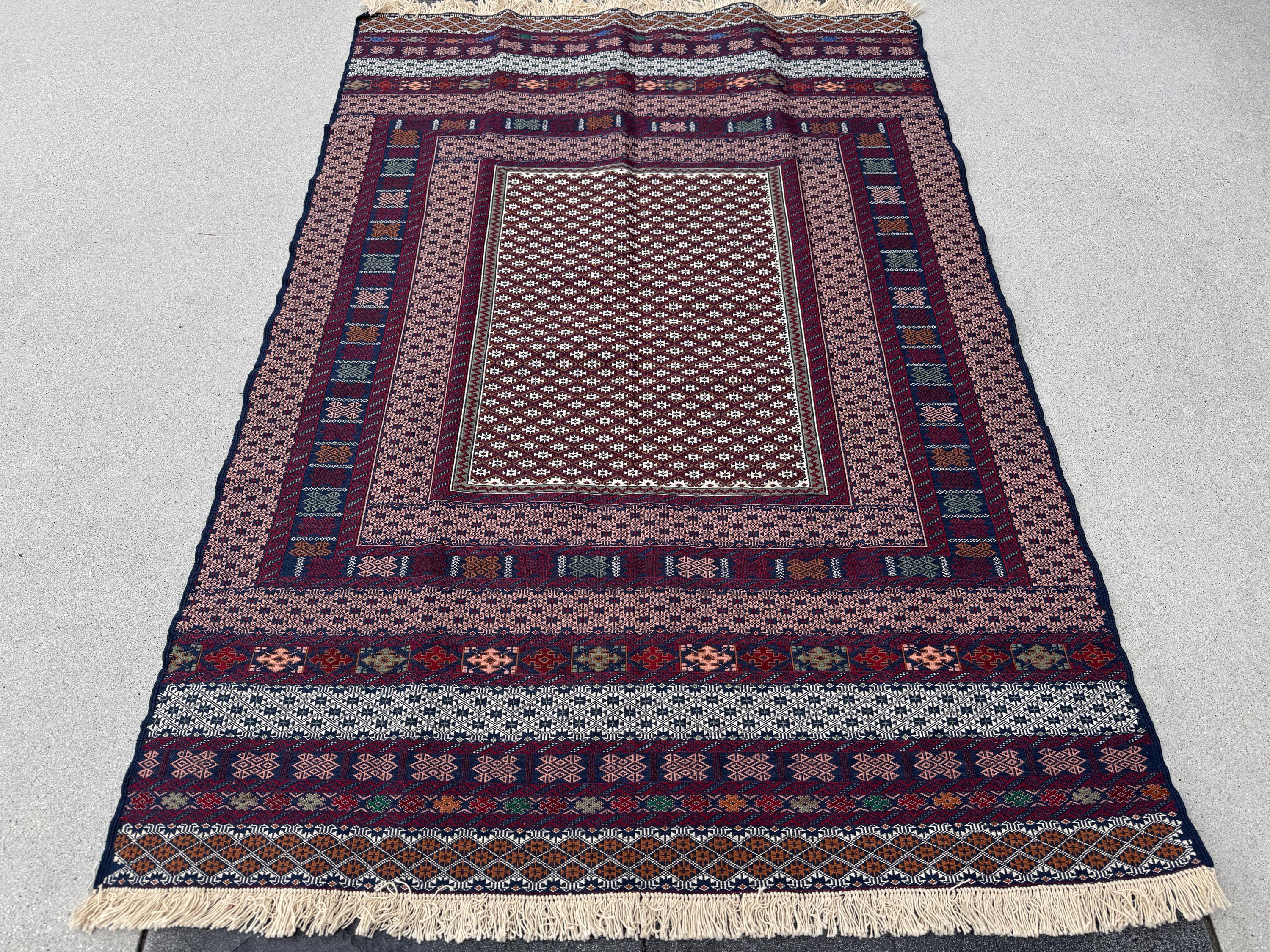 4x7 (120x215) Handmade Vintage Afghan Baluch Rug | Burgundy Red Navy Blue Cream White Pink Coral Rust Orange Olive Green Teal Grey