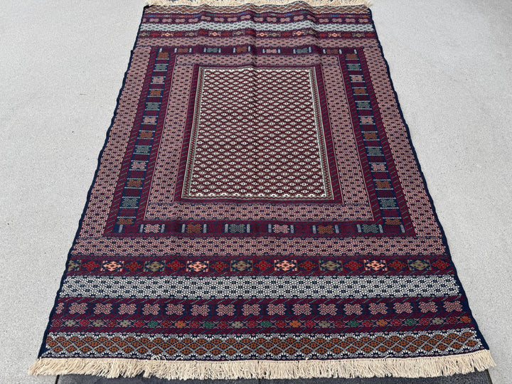 4x7 (120x215) Handmade Vintage Afghan Baluch Rug | Burgundy Red Navy Blue Cream White Pink Coral Rust Orange Olive Green Teal Grey