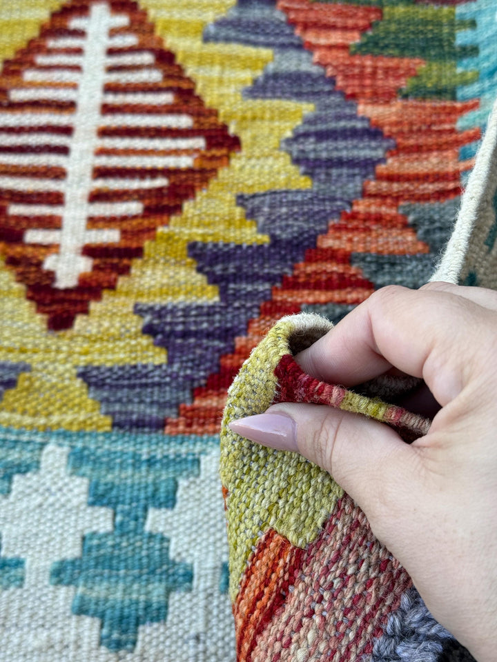3x4 Handmade Afghan Kilim Rug | Cream White Teal Aqua Burnt Orange Mustard Yellow Olive Green Rust Red Purple Grey | Wool Flatwoven