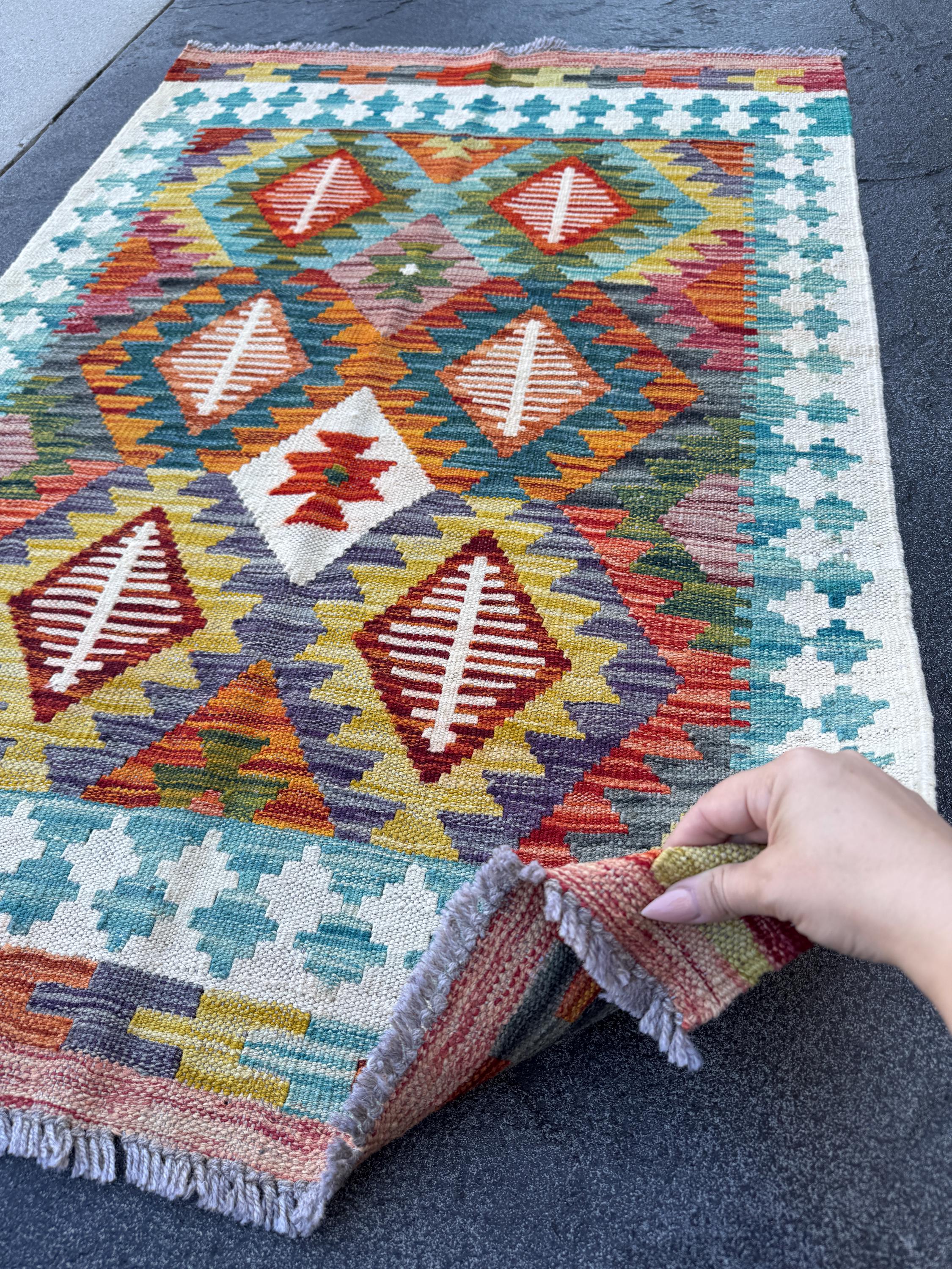 3x4 Handmade Afghan Kilim Rug | Cream White Teal Aqua Burnt Orange Mustard Yellow Olive Green Rust Red Purple Grey | Wool Flatwoven