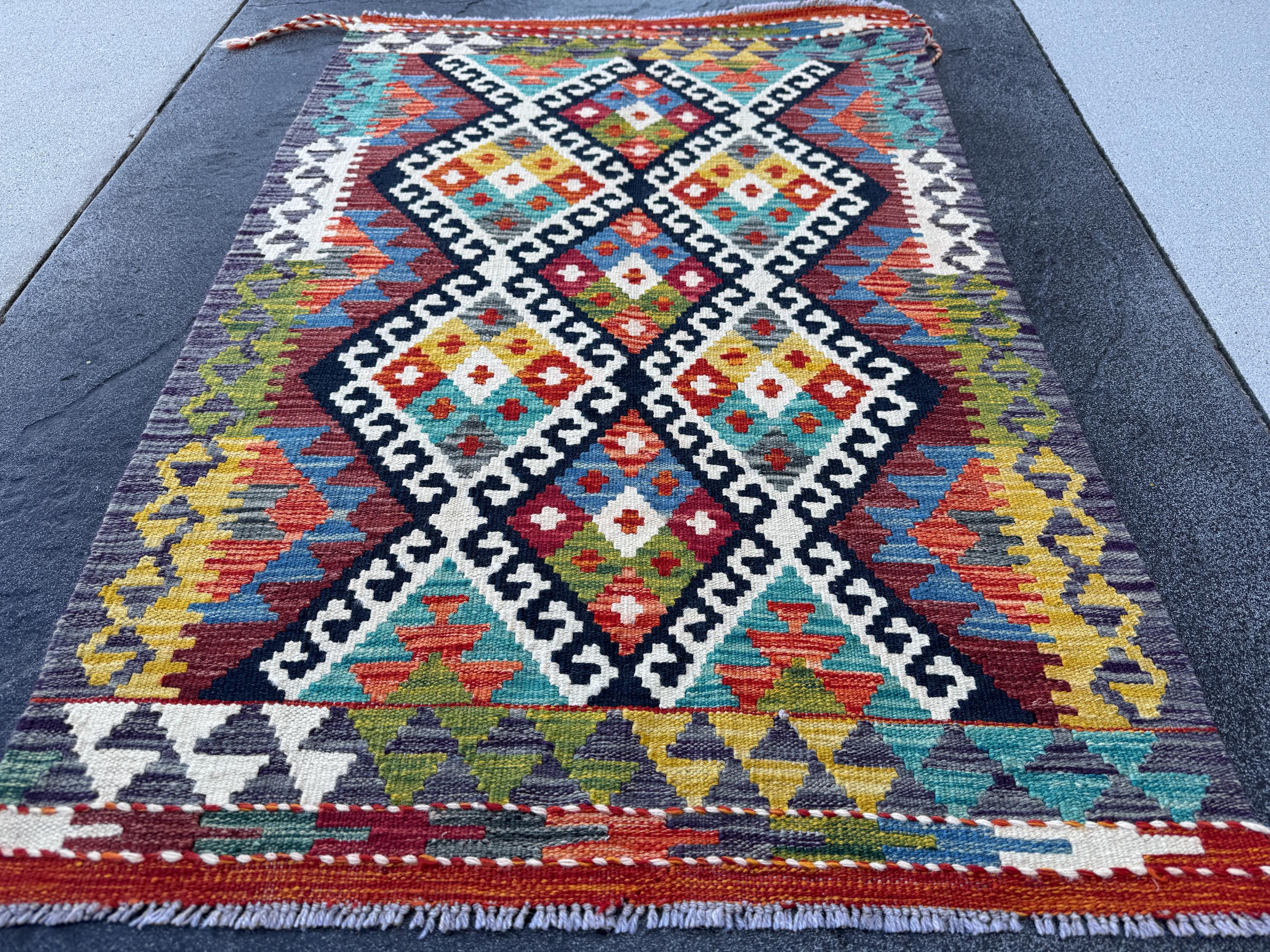 3x4 Handmade Afghan Kilim Rug | Ivory Black Rust Red Burnt Orange Mustard Yellow Olive Green Teal Aqua Blue Navy Purple Grey | Flatwoven