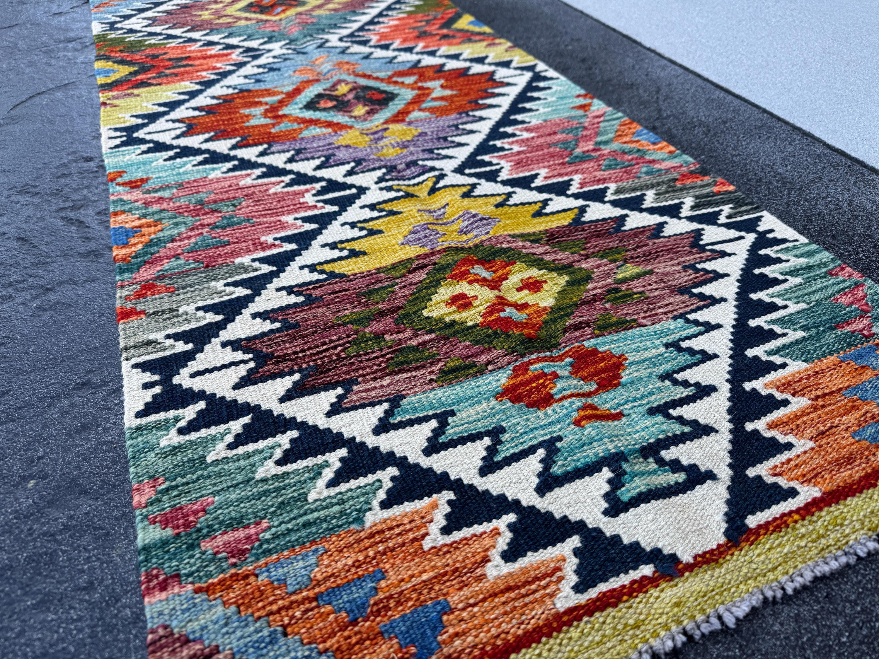2x5 Handmade Afghan Kilim Runner Rug | Cream White Rust Red Burnt Orange Mustard Yellow Olive Green Teal Aqua Blue Navy Purple Grey | Wool
