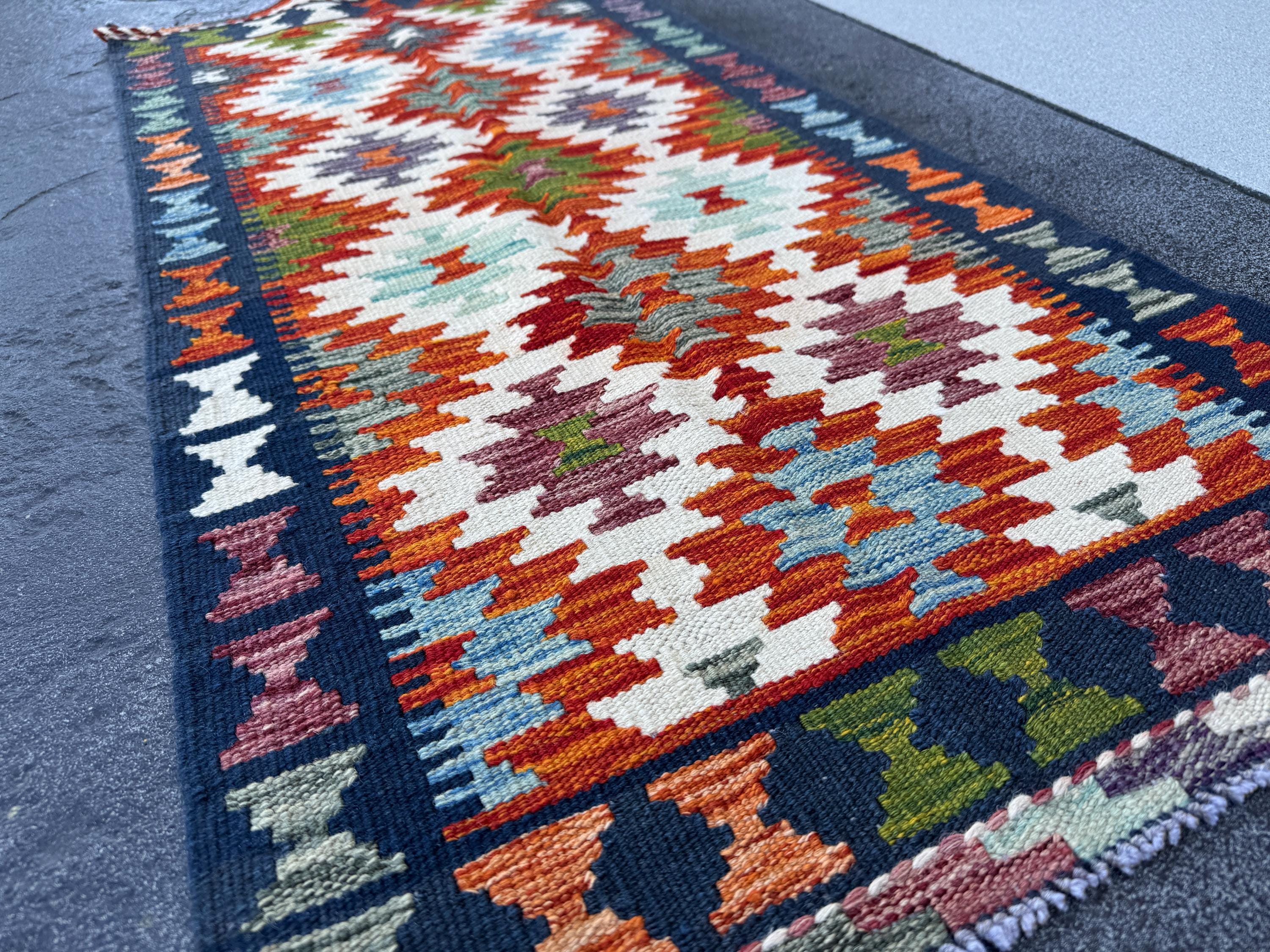 2x5 Handmade Afghan Kilim Runner Rug | Burnt Orange Cream White Rust Red Mustard Yellow Olive Green Teal Aqua Blue Navy Purple Grey | Wool