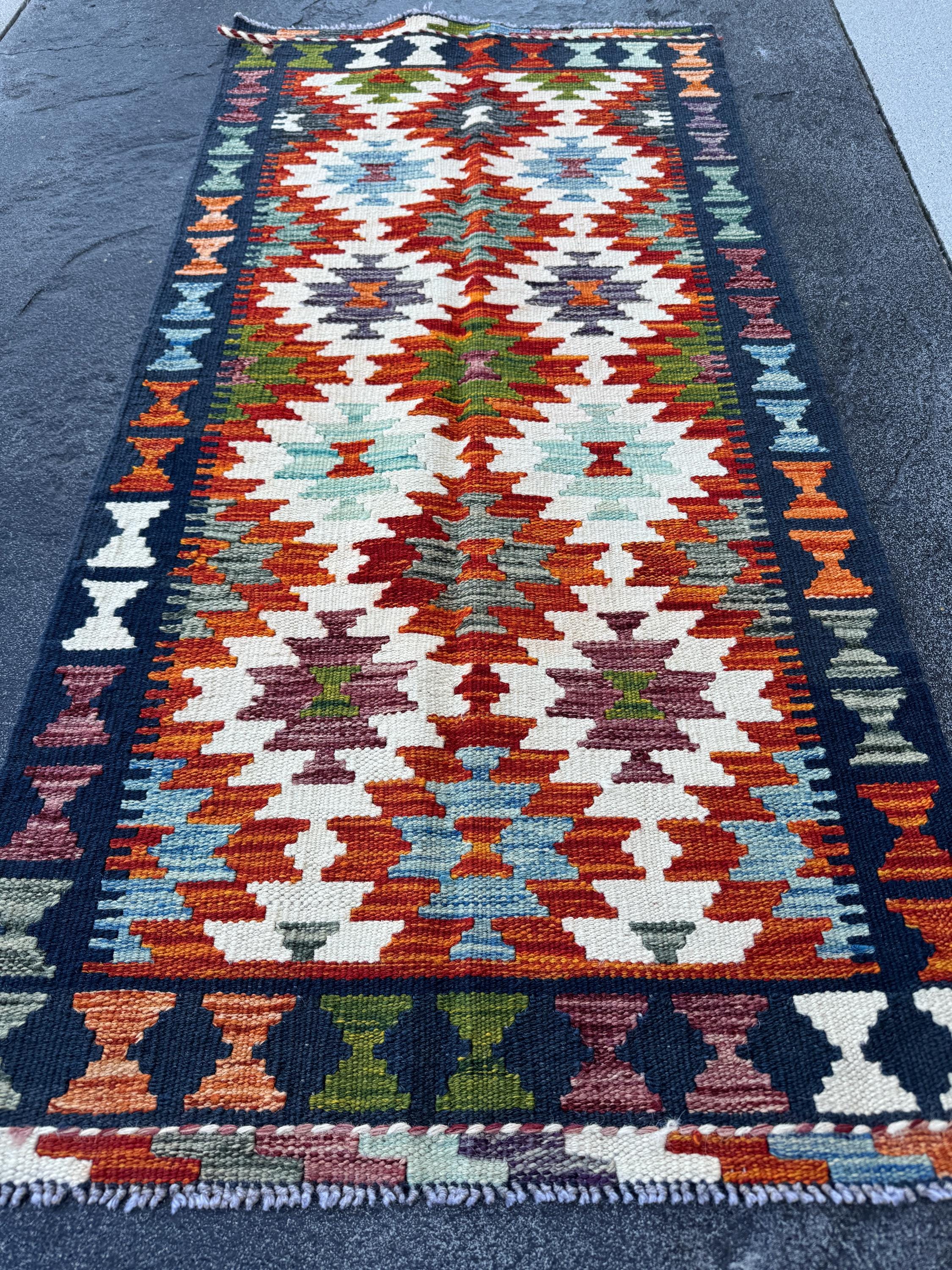 2x5 Handmade Afghan Kilim Runner Rug | Burnt Orange Cream White Rust Red Mustard Yellow Olive Green Teal Aqua Blue Navy Purple Grey | Wool