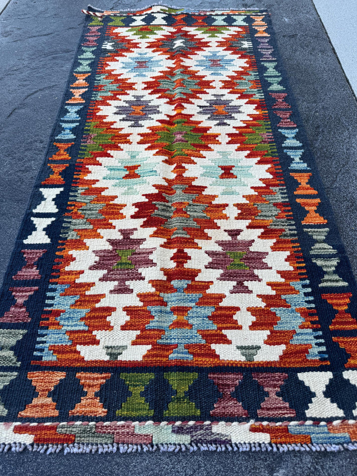 2x5 Handmade Afghan Kilim Runner Rug | Burnt Orange Cream White Rust Red Mustard Yellow Olive Green Teal Aqua Blue Navy Purple Grey | Wool