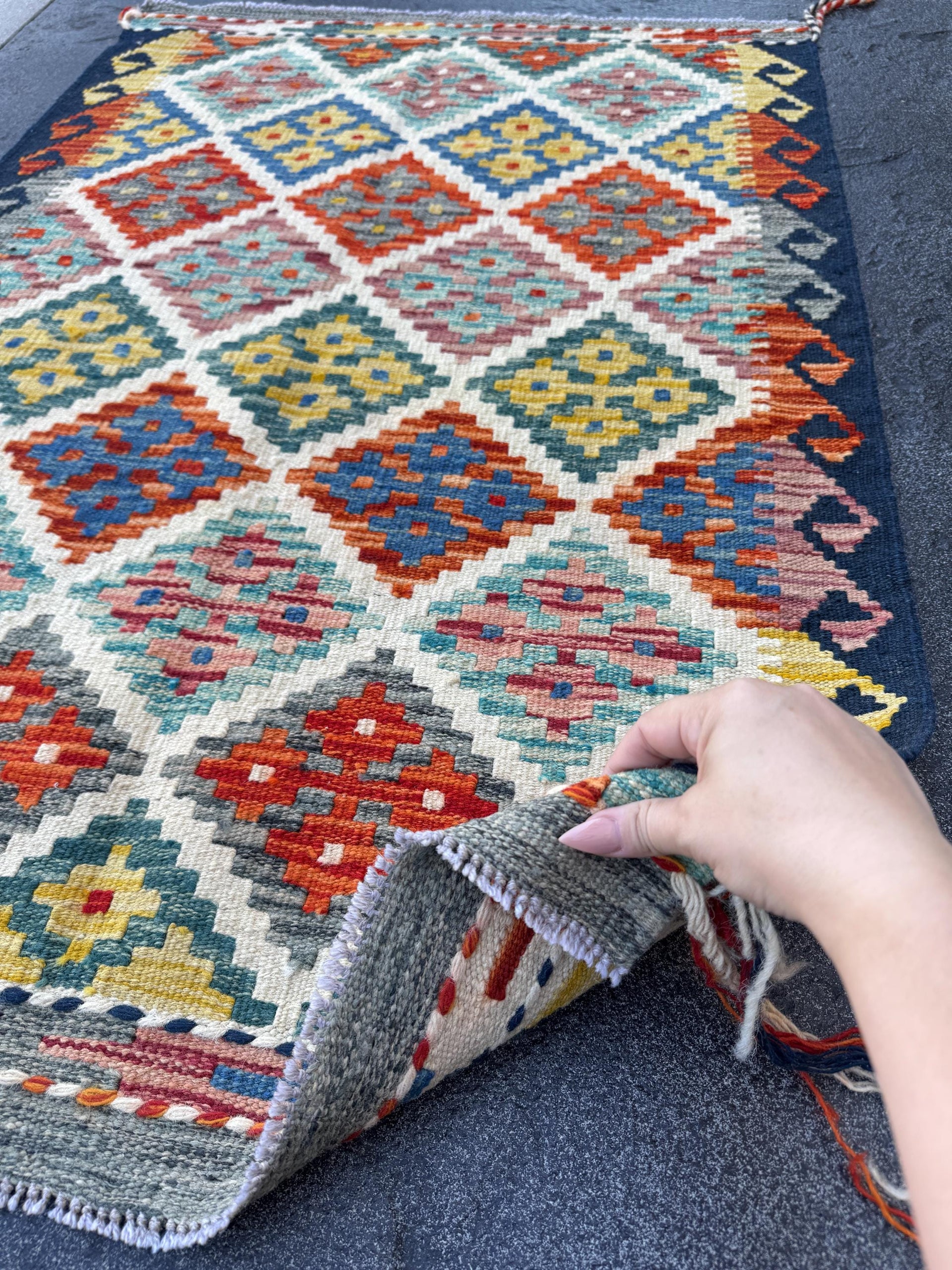 3x4 Handmade Afghan Kilim Rug | Cream Rust Red Burnt Orange Mustard Yellow Olive Green Teal Aqua Blue Navy Grey | Wool Flatwoven