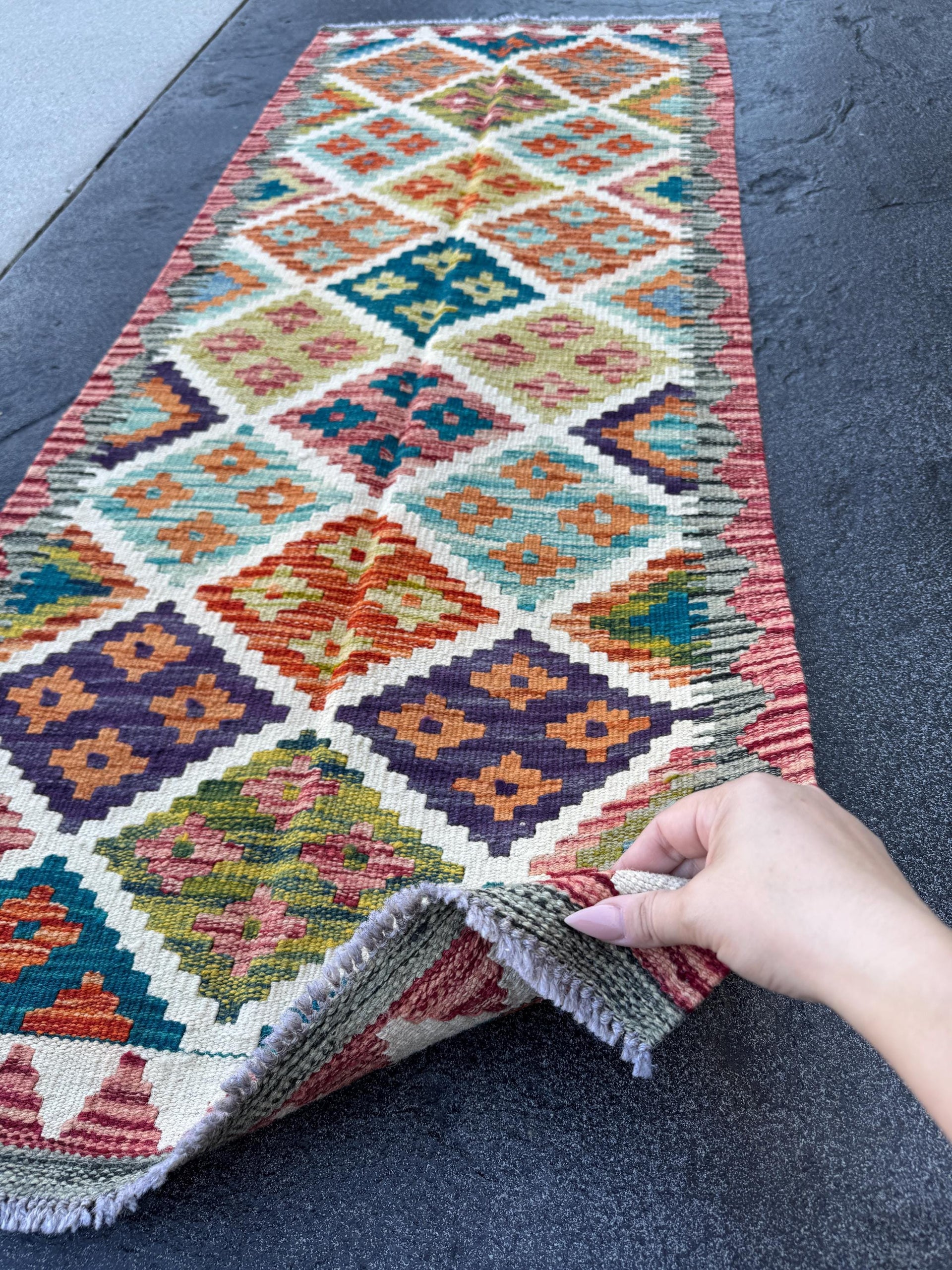 2x5 Handmade Afghan Kilim Runner Rug | Burgundy Purple Rust Red Burnt Orange Olive Green Teal Aqua Mustard Yellow Navy Cream White | Wool