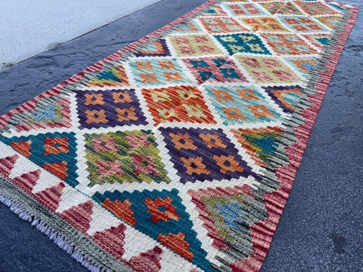 2x5 Handmade Afghan Kilim Runner Rug | Burgundy Purple Rust Red Burnt Orange Olive Green Teal Aqua Mustard Yellow Navy Cream White | Wool