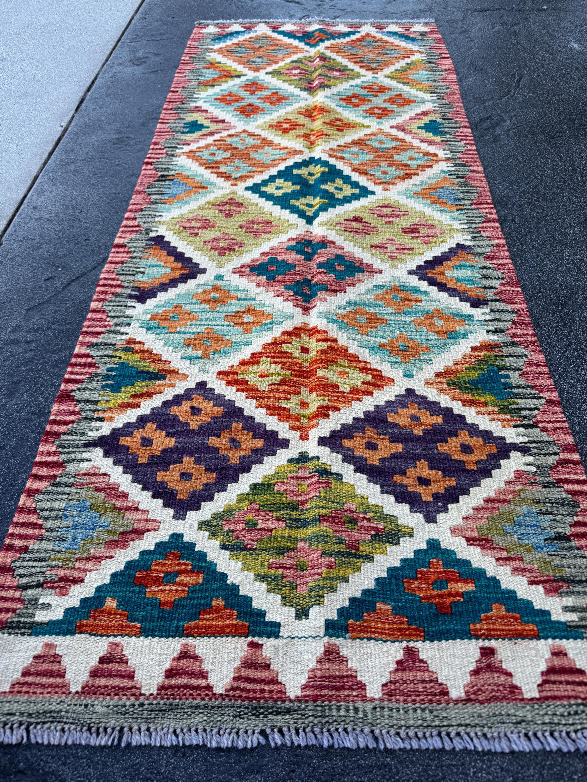 2x5 Handmade Afghan Kilim Runner Rug | Burgundy Purple Rust Red Burnt Orange Olive Green Teal Aqua Mustard Yellow Navy Cream White | Wool