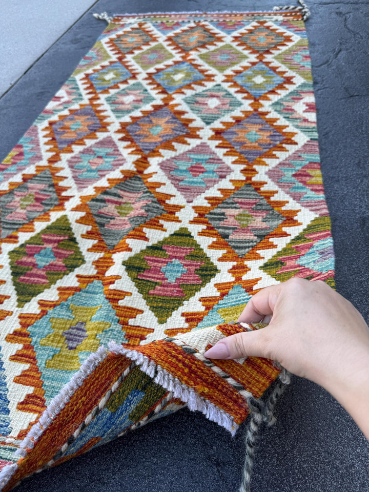 2x5 Handmade Afghan Kilim Runner Rug | Burnt Orange Cream White Mustard Yellow Olive Green Teal Aqua Blue Pink Purple Grey | Wool Flatwoven