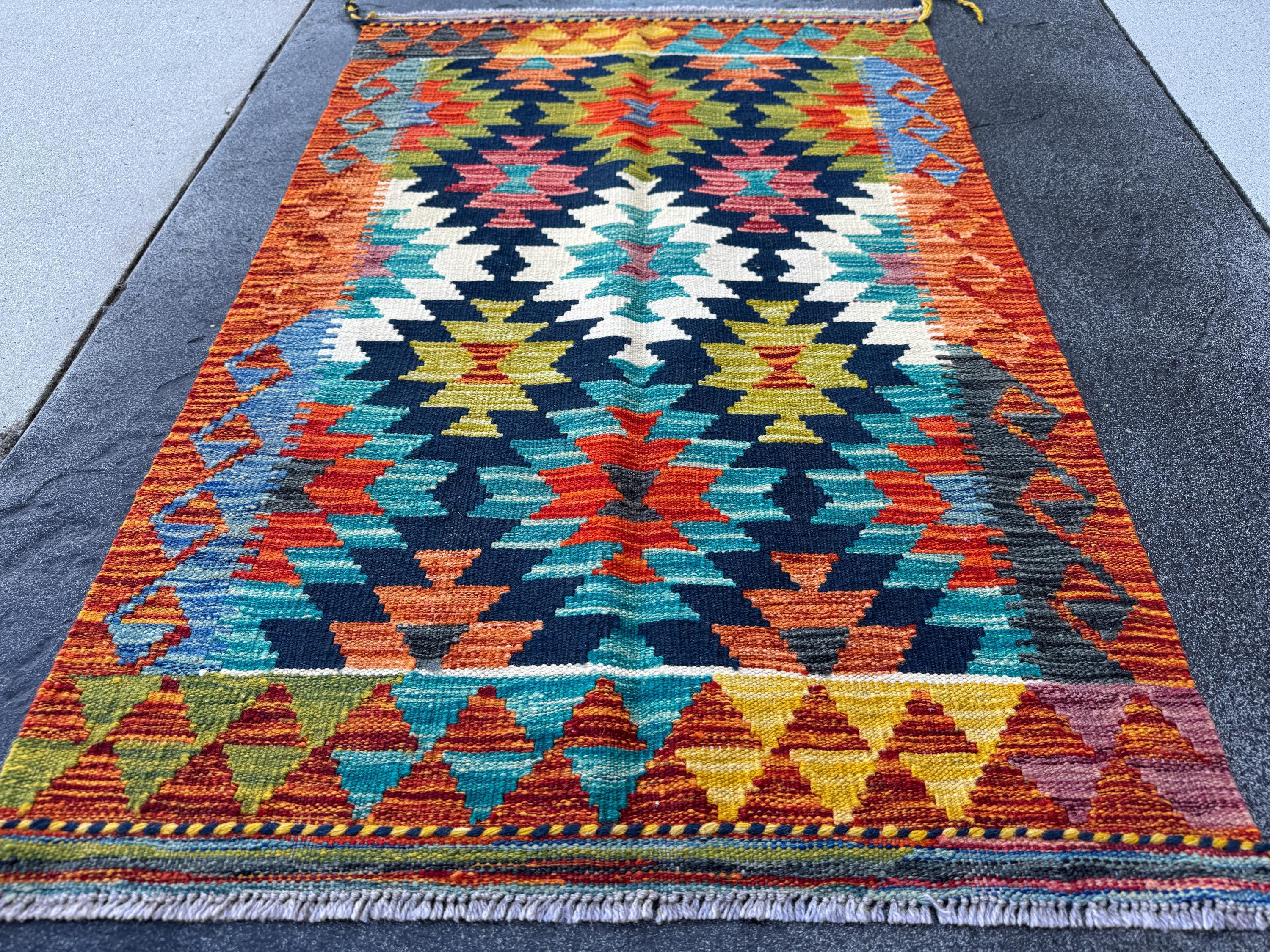 3x4 Handmade Afghan Kilim Rug | Navy Blue Rust Red Burnt Orange Mustard Yellow Cream White Teal Aqua Olive Green Purple Grey | Flatwoven