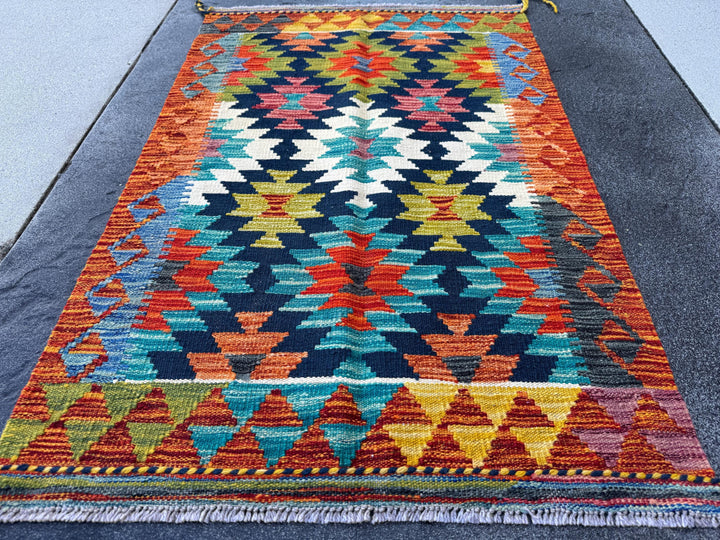 3x4 Handmade Afghan Kilim Rug | Navy Blue Rust Red Burnt Orange Mustard Yellow Cream White Teal Aqua Olive Green Purple Grey | Flatwoven