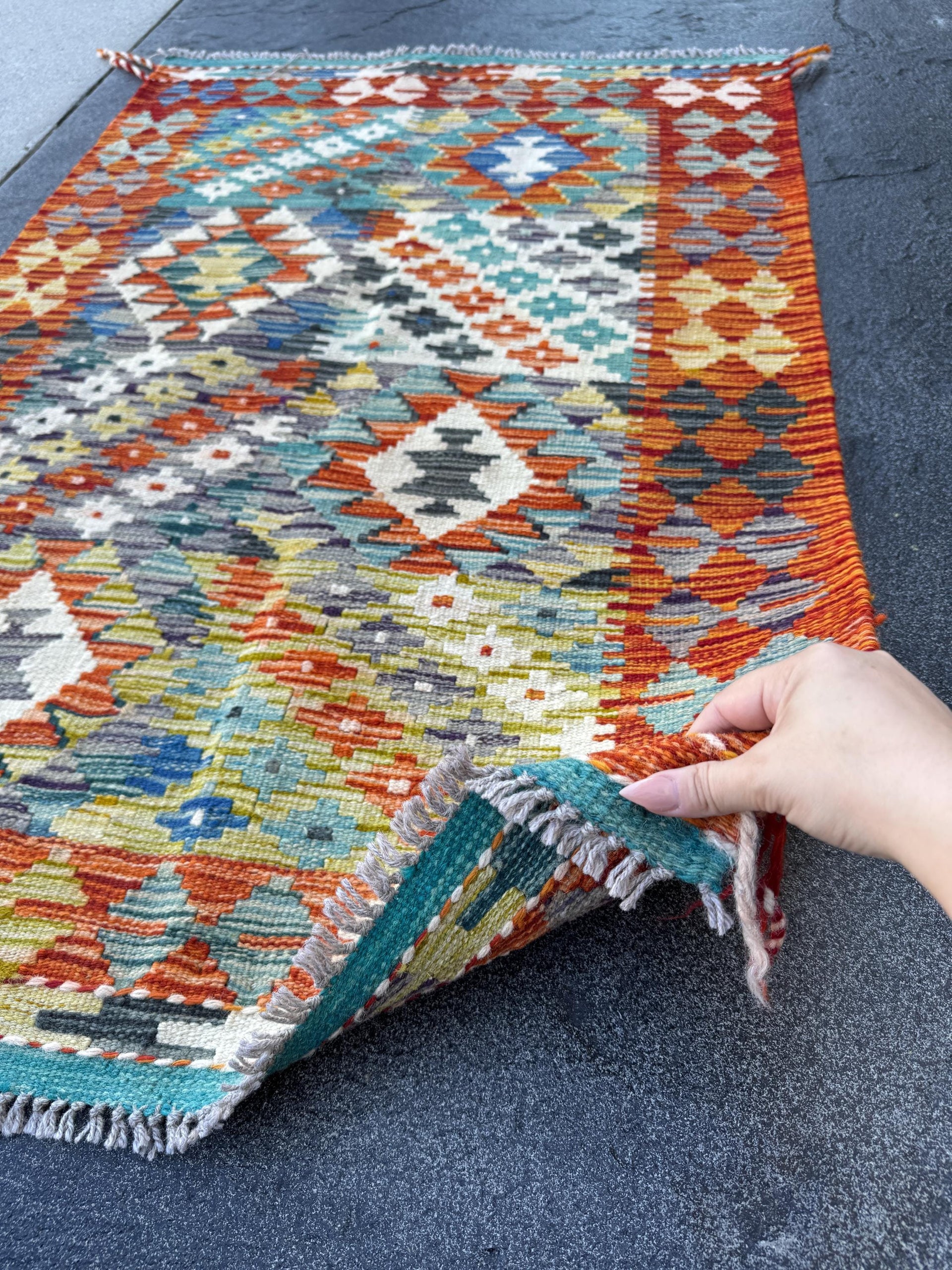 3x4 Handmade Afghan Kilim Rug | Burnt Orange Cream White Mustard Yellow Olive Green Teal Aqua Blue Navy Black Grey| Wool Flatwoven